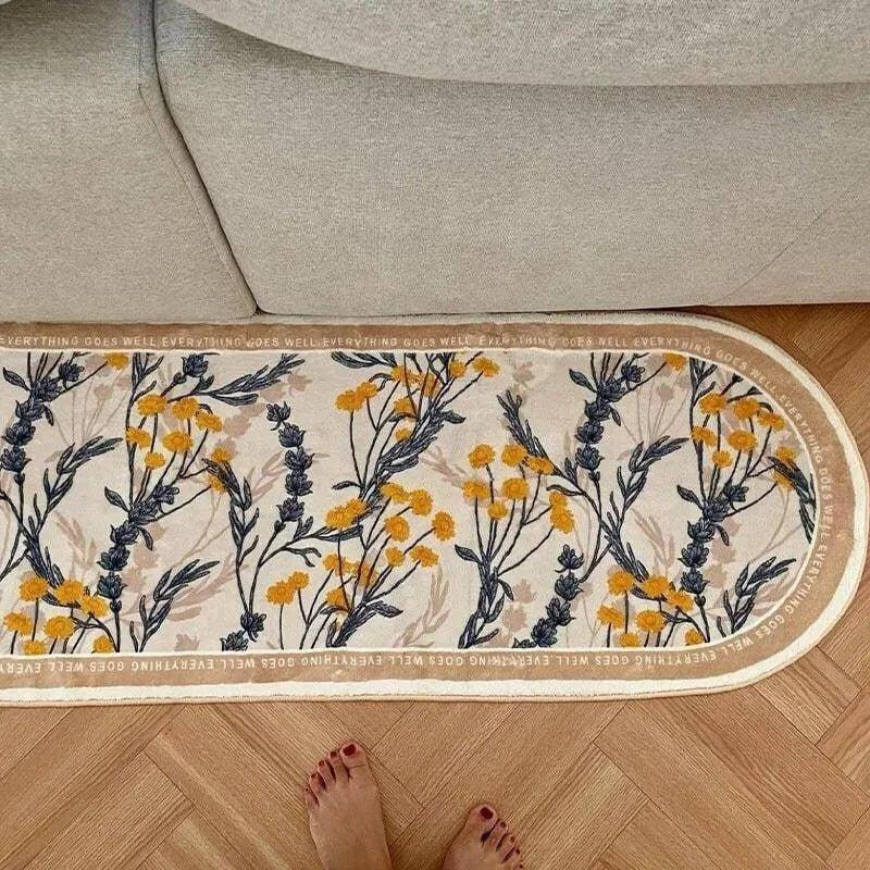 Modern Floral Fluffy Bedside Decorative Oval Rug | Soft Anti-slip Absorbent Bathroom Floor Mat