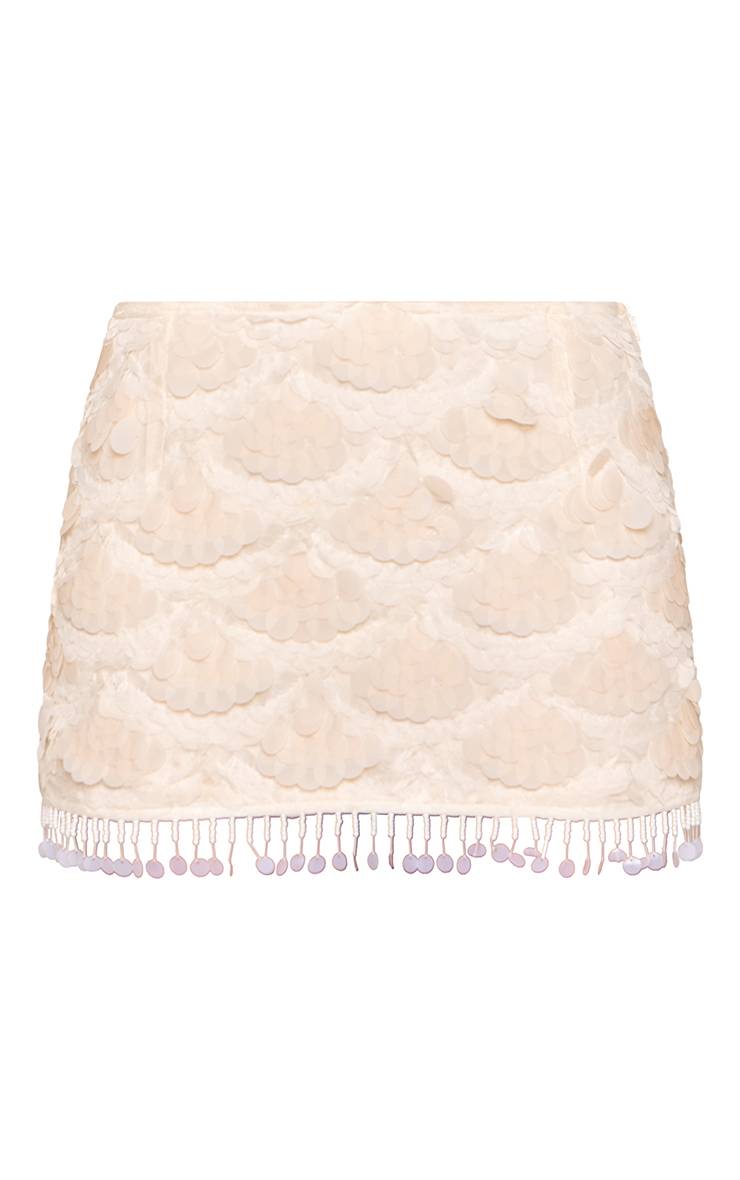 Crème Mini-jupe À Sequins Superposés Assortie