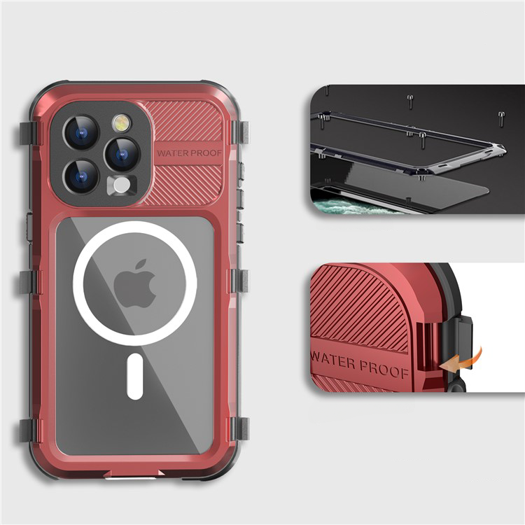 iPhone 15 Pro Wasserfeste MagSafe Alu Outdoor Schutz Hülle (IP68) - Rot / Transparent