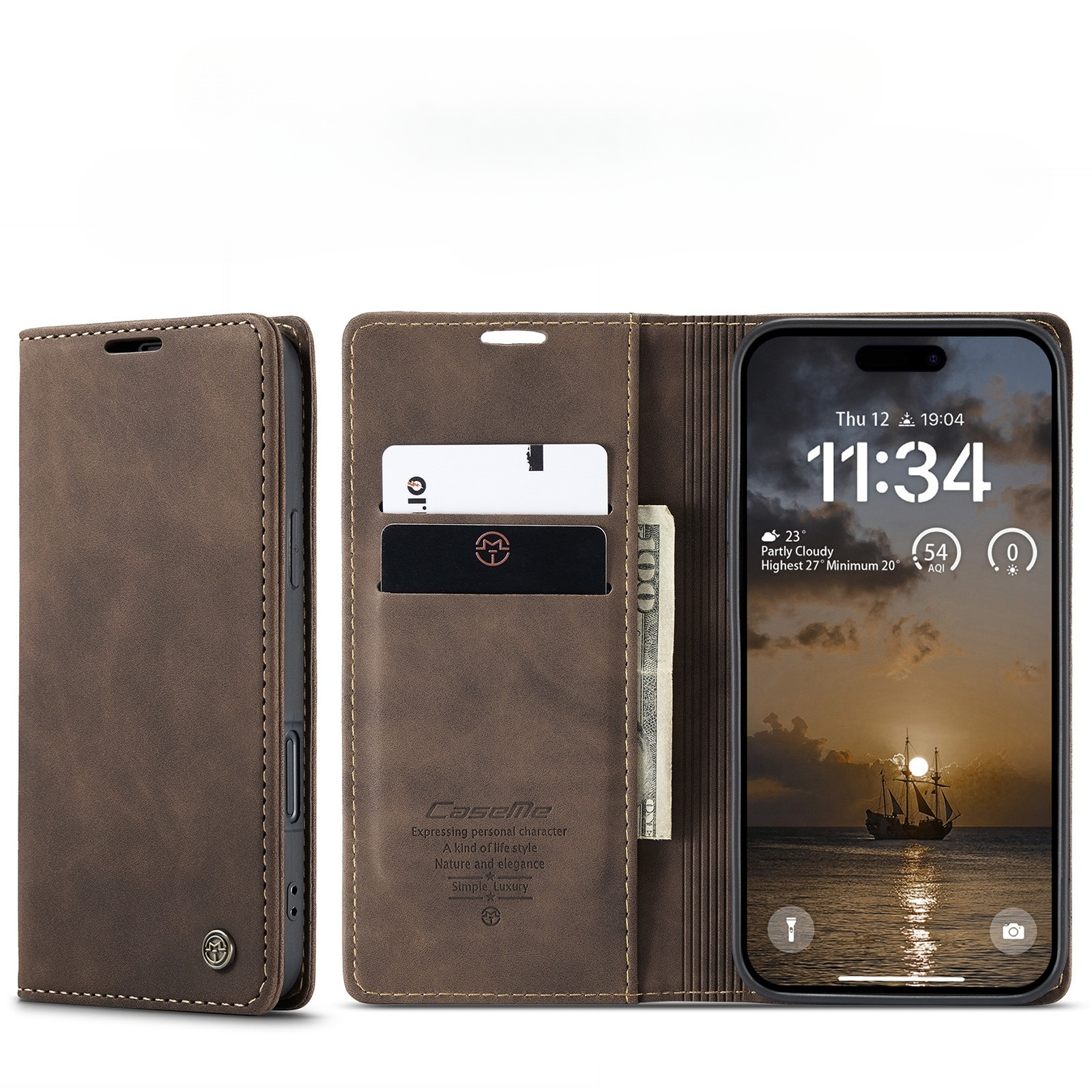 iPhone 17 Pro Leder Tasche Flip Wallet Etui mit Kartenfächern - Braun