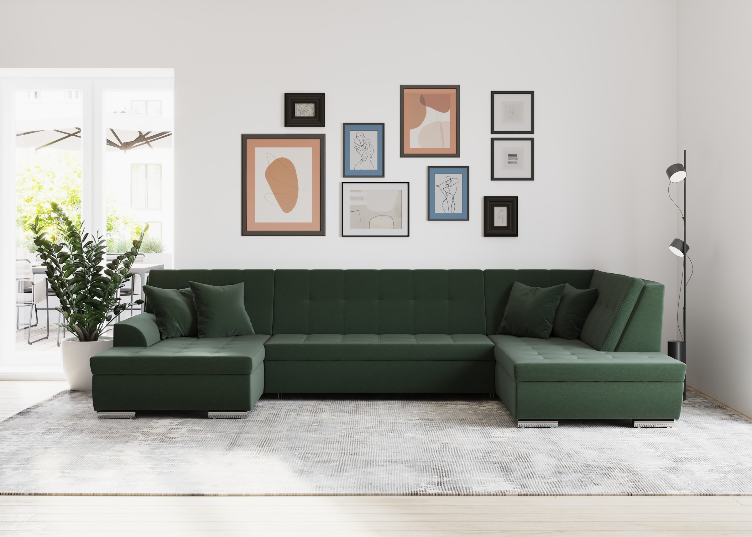 DOMO collection Wohnlandschaft »Treviso incl. Zierkissen, moderne Steppung, XXL: B/T/H: 364/201/83 cm« wahlweise mit Bettfunktion, in vielen Bezugsarten auch in Cord  U-Form