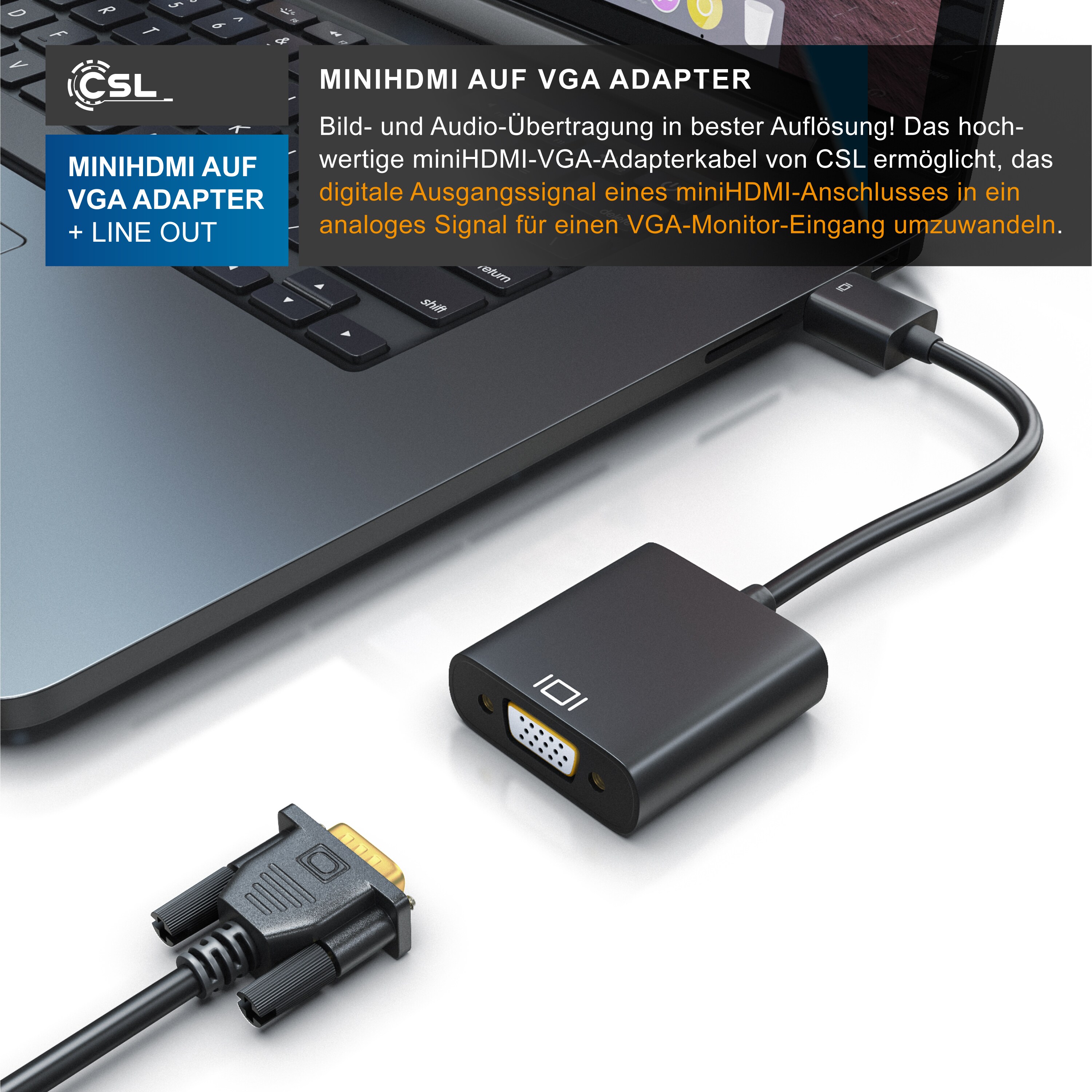 CSL HDMI Typ C (Mini) zu VGA & 3,5mm-Klinke, Full HD Mini HDMI auf VGA Video/Audio Adapter