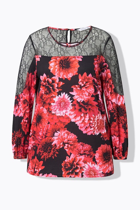 Bluse, A-Linie, Blütenmuster, Mesh-Einsätze