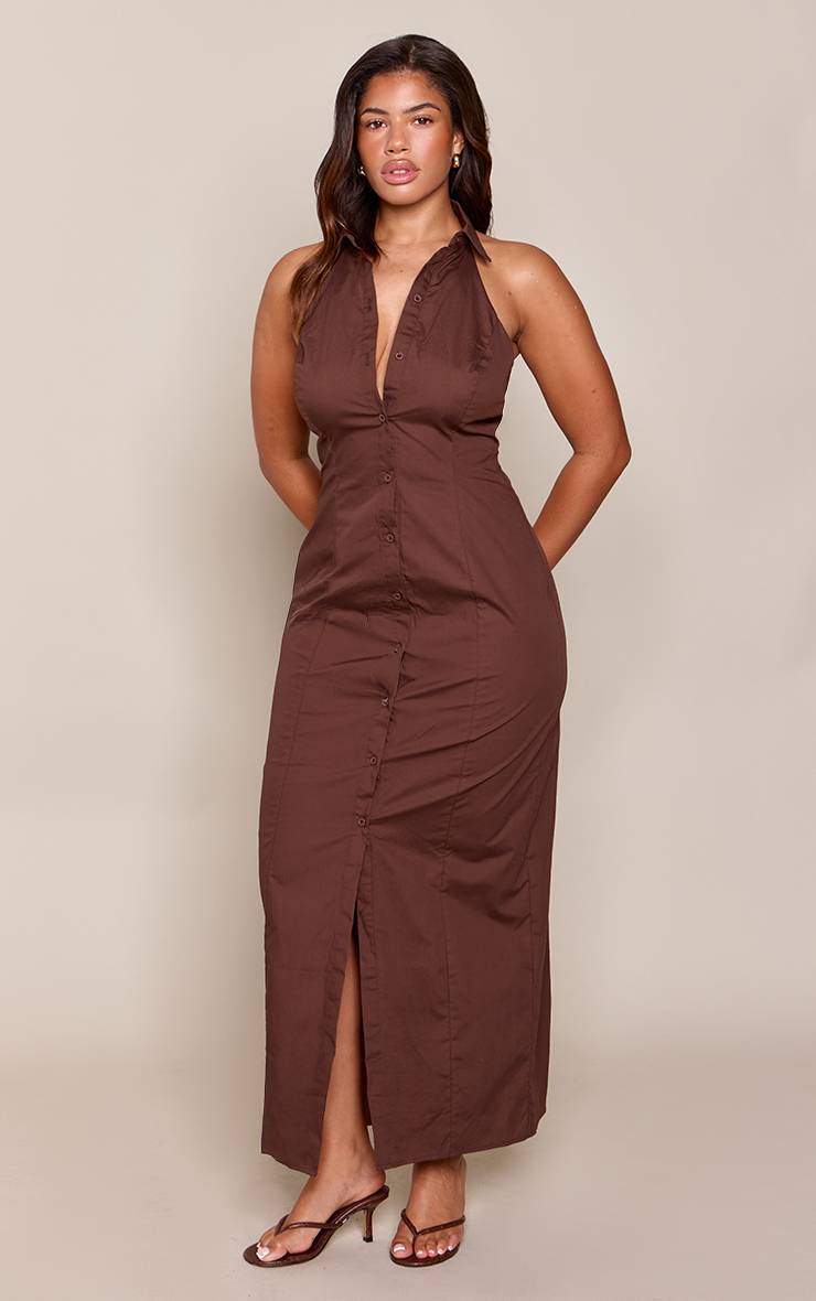 Chocolat Robe Maxi Cintrée Sans Manches À Col Chemise Et Boutonnage