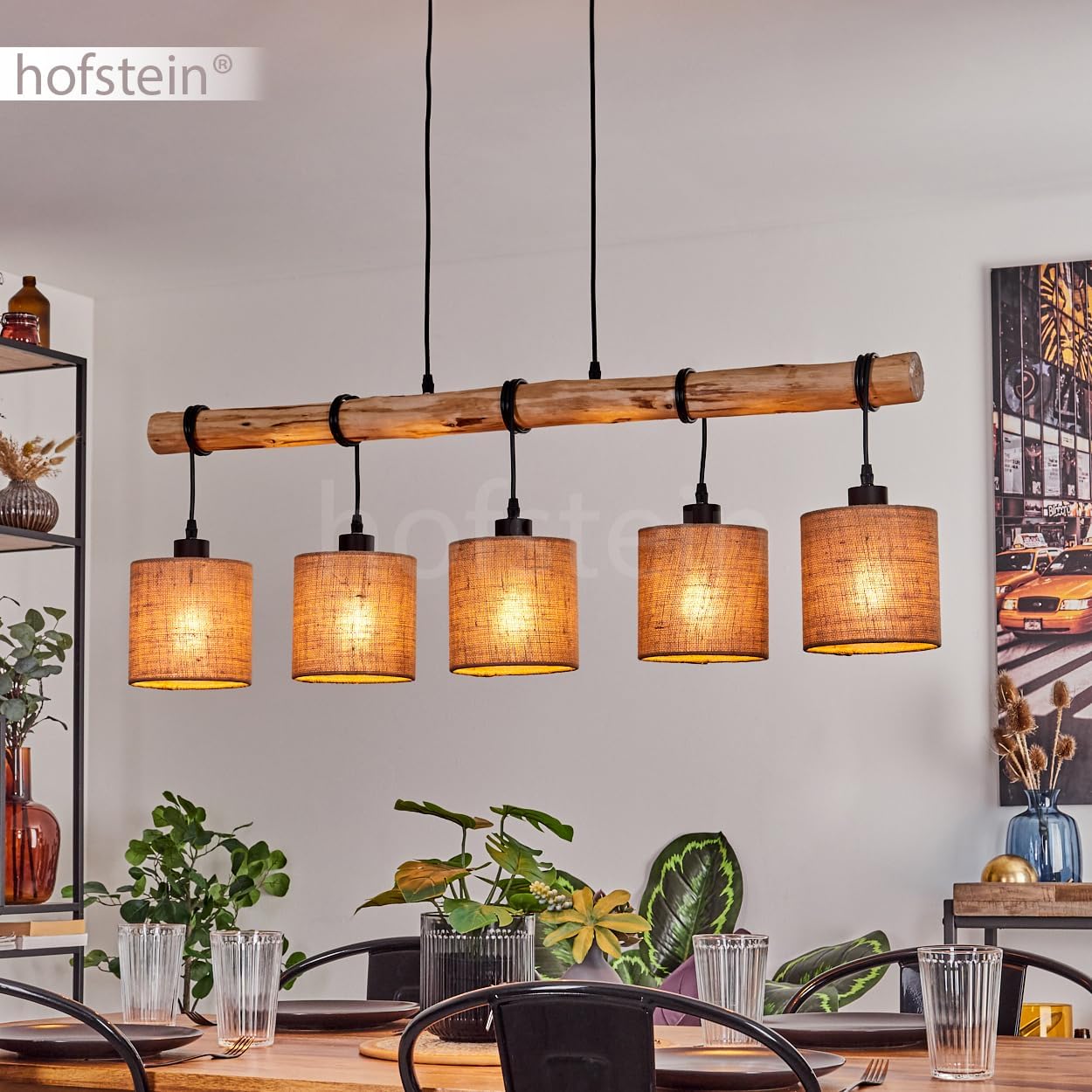 HOFSTEIN Pendelleuchte Soungou, moderne Hängelampe aus Holz/Metall/Leinen in Natur/Schwarz/Beige, 5-flammige Hängeleuchte im skandinavischen Design, Höhe max. 143 cm, E27, Wohnzimmer, Esszimmer, Küche
