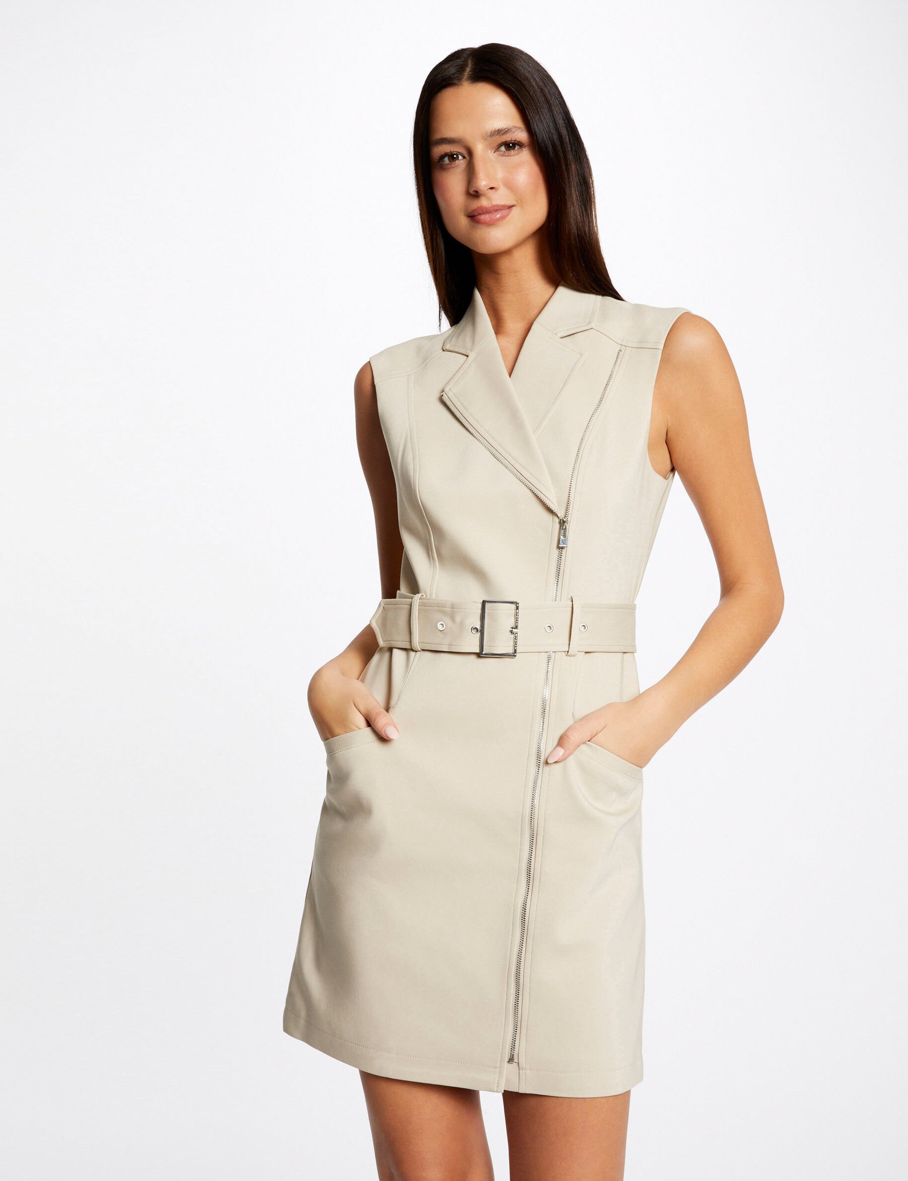Robe portefeuille zippée ceinturée beige clair femme - beige_clair
