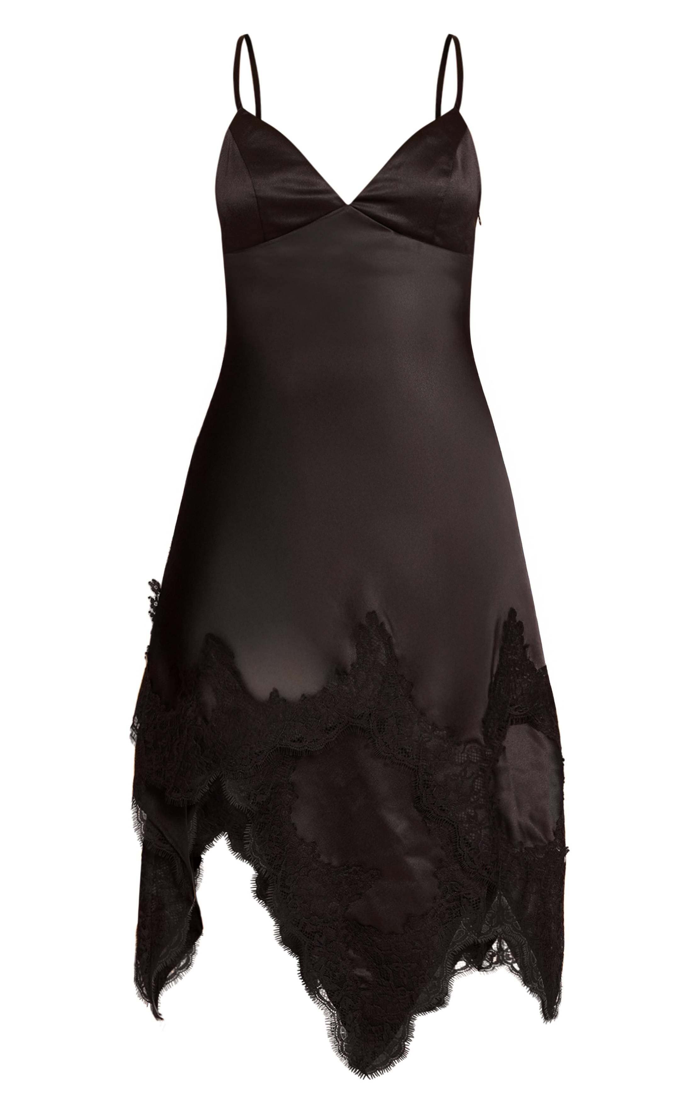 Noir Robe Courte En Satin Avec Détails De Dentelle