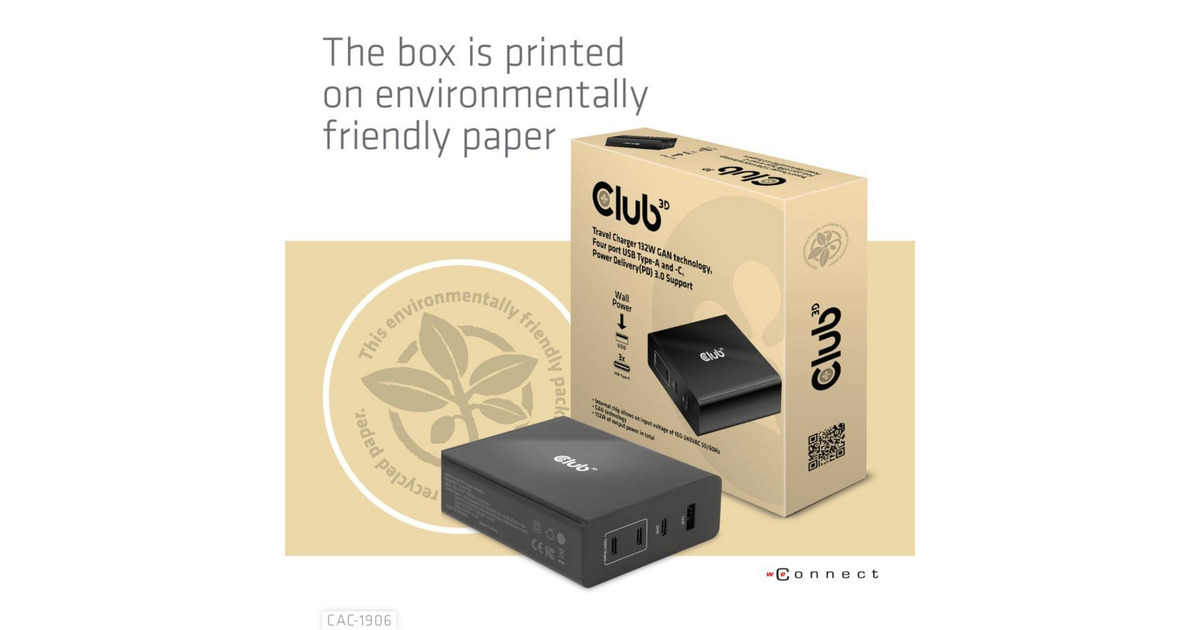 Club 3DTravel Charger 132W GAN technology  (Zwart, USB-A, USB-C, Power Delivery (PD) 3.0)