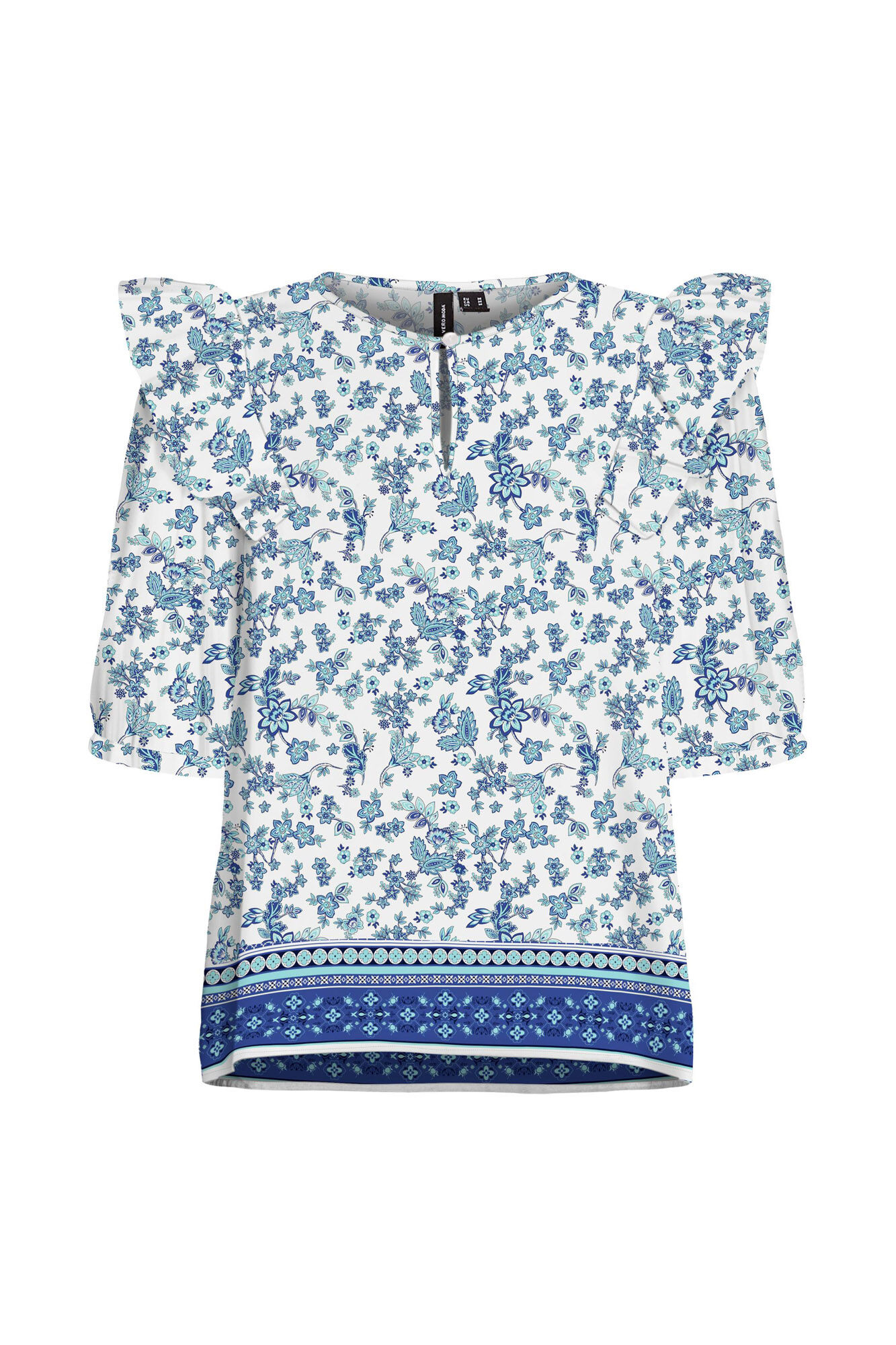 Blusa de gola redonda com mangas 2/4 - Azul