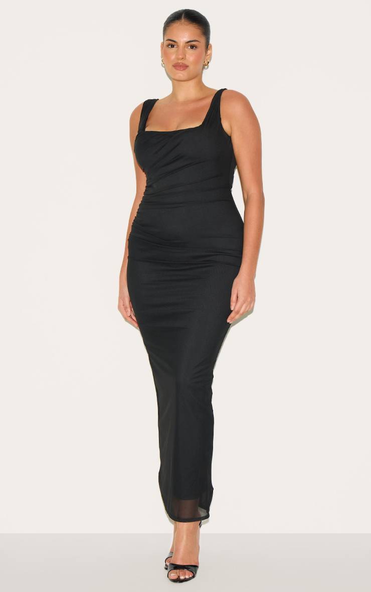 Noir Robe Mi-longue Grande Taille En Maille Double Épaisseur À Encolure Carrée Et Fronces