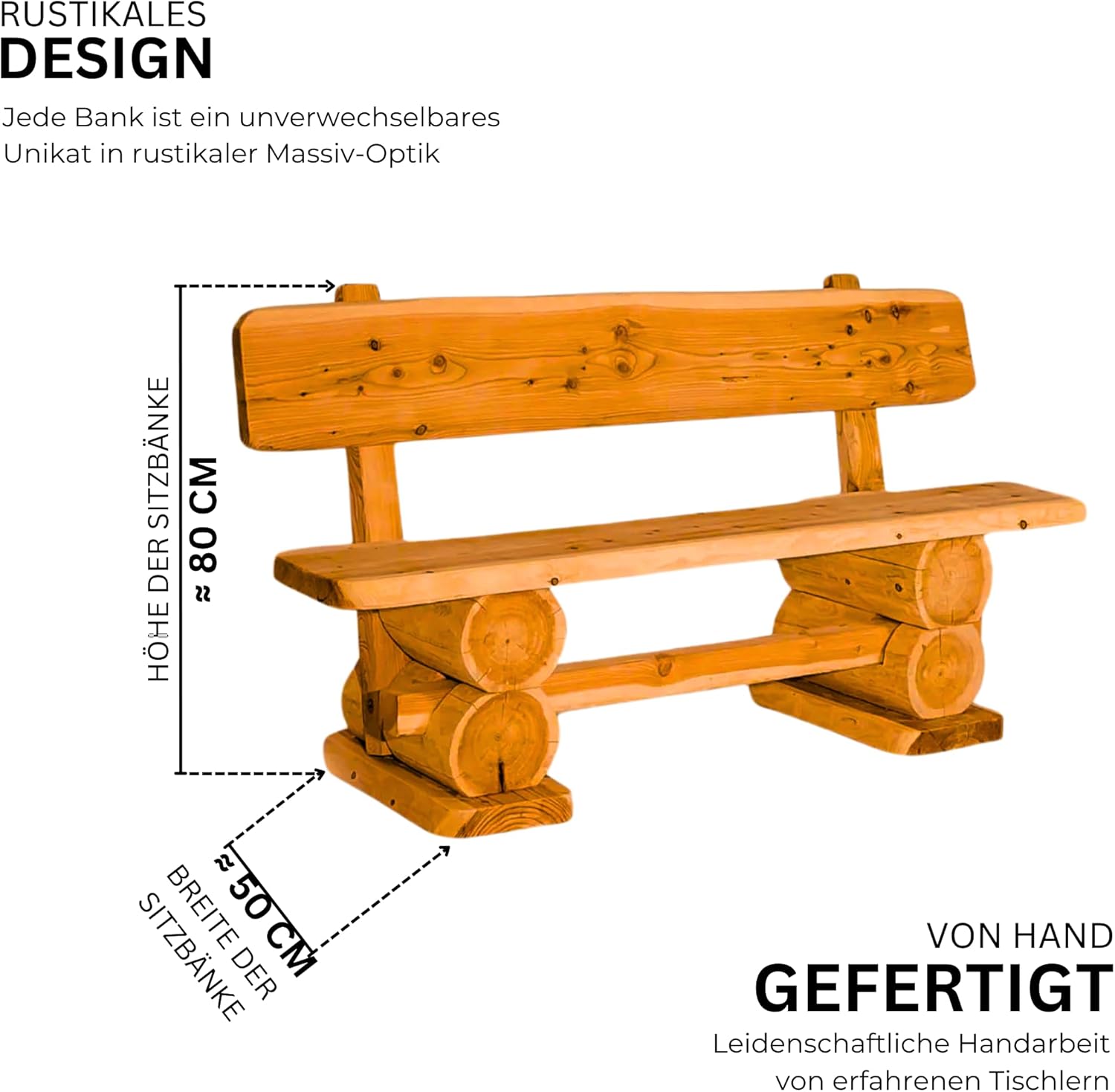 Gartenbank Rustikal Pinie Lasiert 120 cm - Massivholz Bank aus Kiefernholz - Fertig montierte Sitzbank für Terrasse, Garten & Balkon mit Rückenlehne - Für 2 Personen, wetterfest & robust