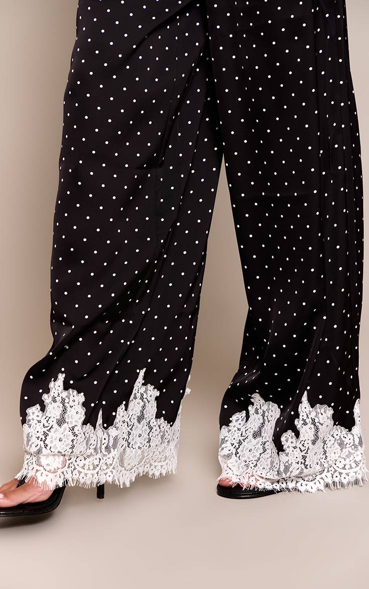 Noir Pantalon À Pois En Satin Avec Ourlet En Dentelle