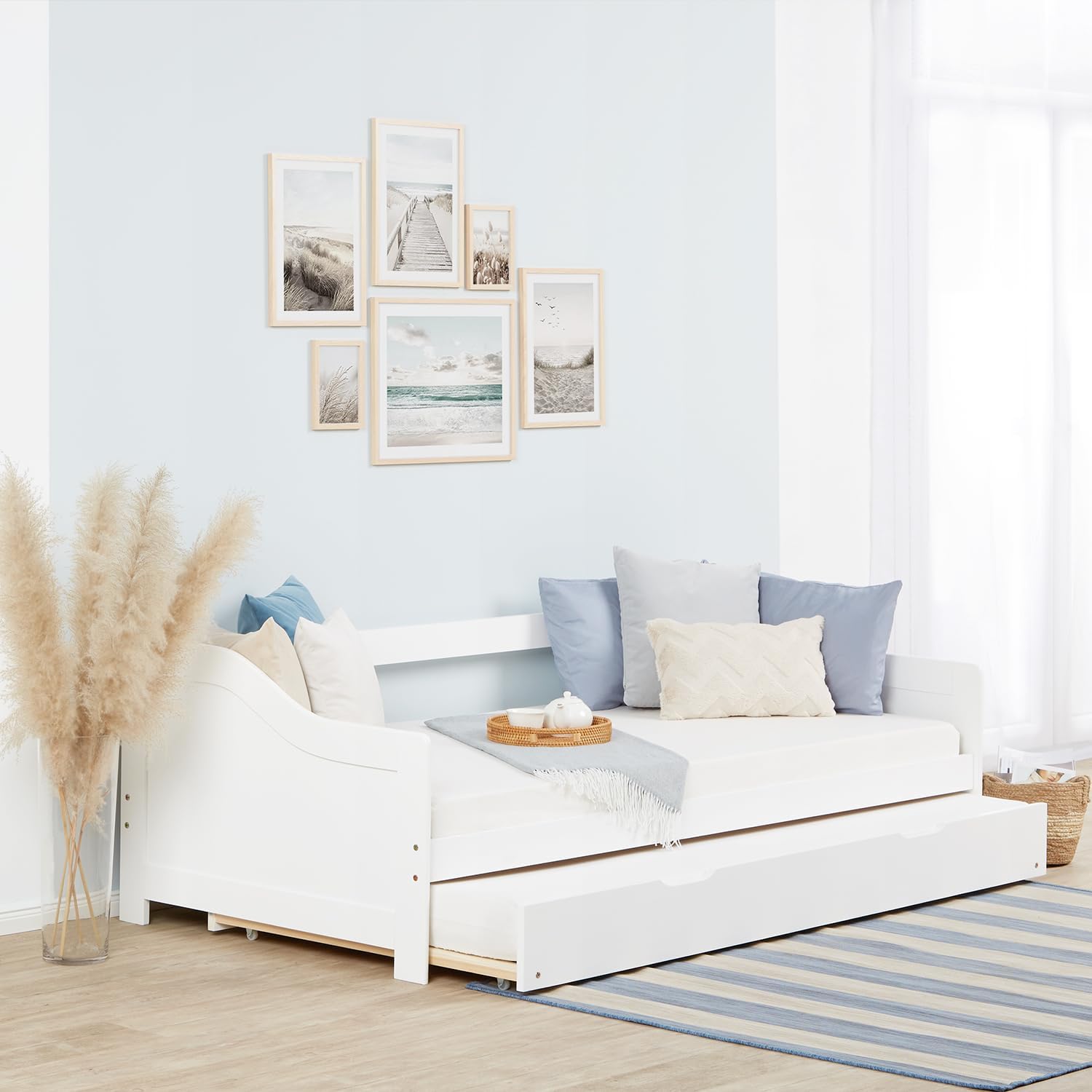 Homestyle4u Ausziehbett 90x200 mit Schublade 2 Matratzen Lattenrost Kinderbett Tagesbett ausziehbar Kojenbett Gästebett Weiß Kiefer massiv Holz