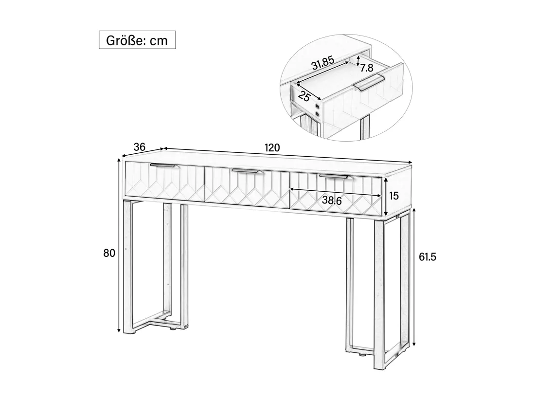 Table Console Moderne avec Tiroirs, Cadre Métallique Doré, Pieds Ajustables, Poignées Élégantes (Blanc + Noir)