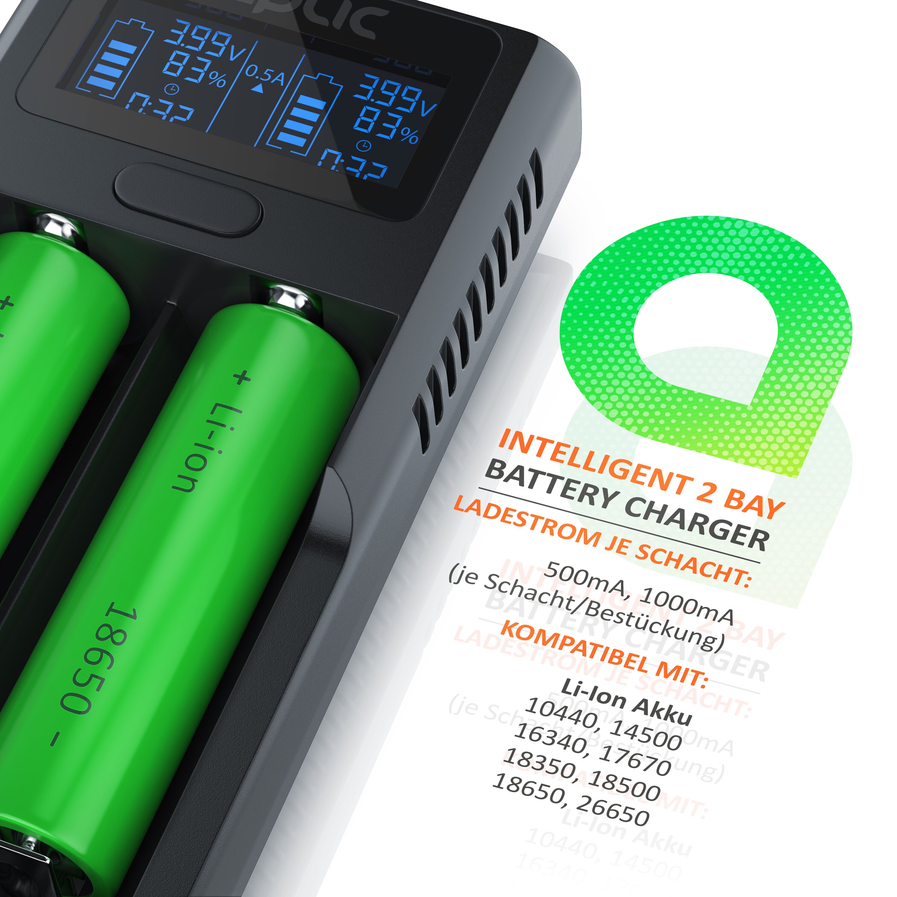Aplic Batterie-Ladegerät 2000 mA, USB, LCD Display, für wiederaufladbare 3,7V + 3,6V Li-Ion Akkus