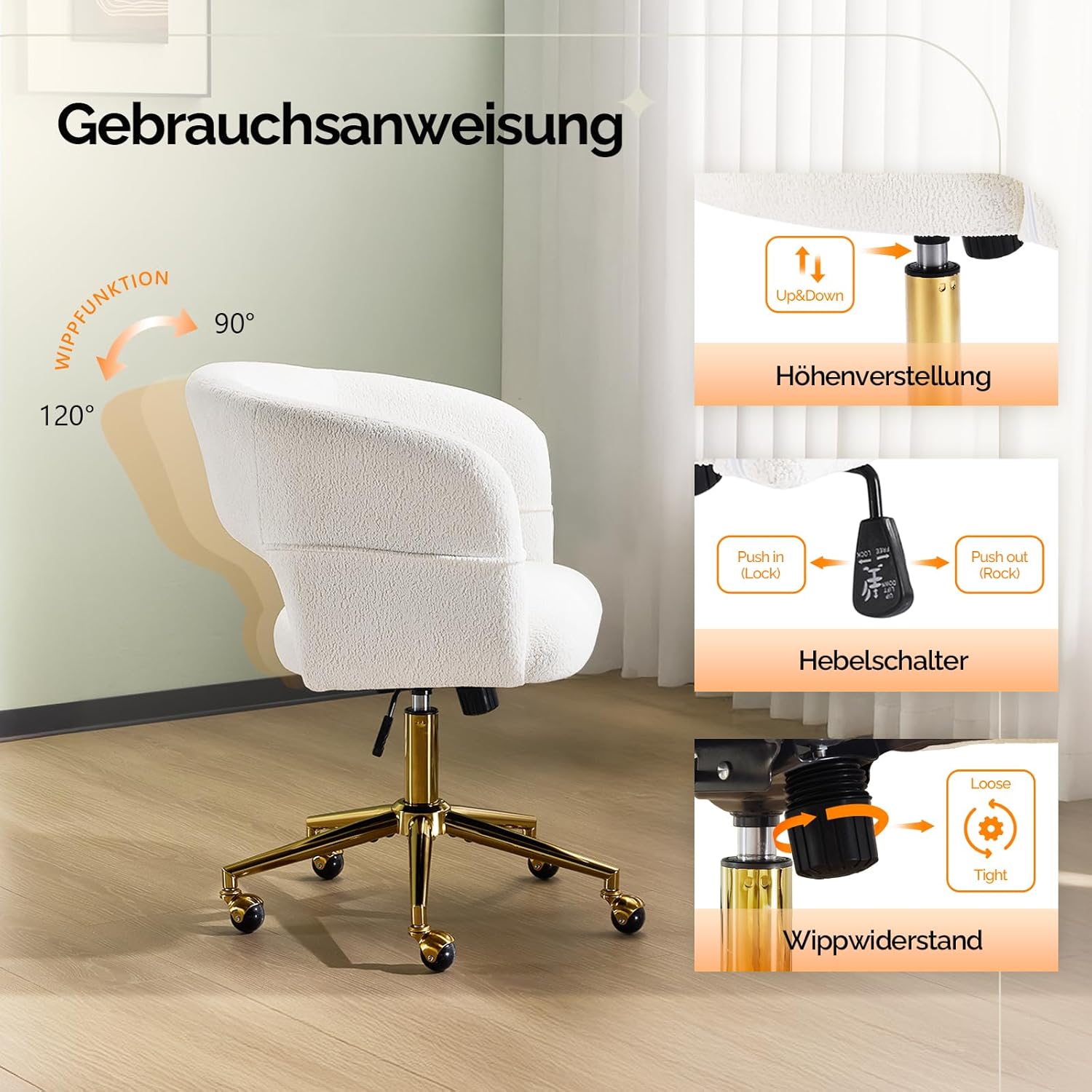 Bonnlo Bürostuhl mit Rollen, Drehstuhl mit goldenen Nieten, Schminktisch Stuhl bis 150KG, Höhenverstellbar Schreibtischstuhl für Arbeitszimmer, Schlafzimmer, Homeoffice, Samt-Chenille-Stoff (Weiß)
