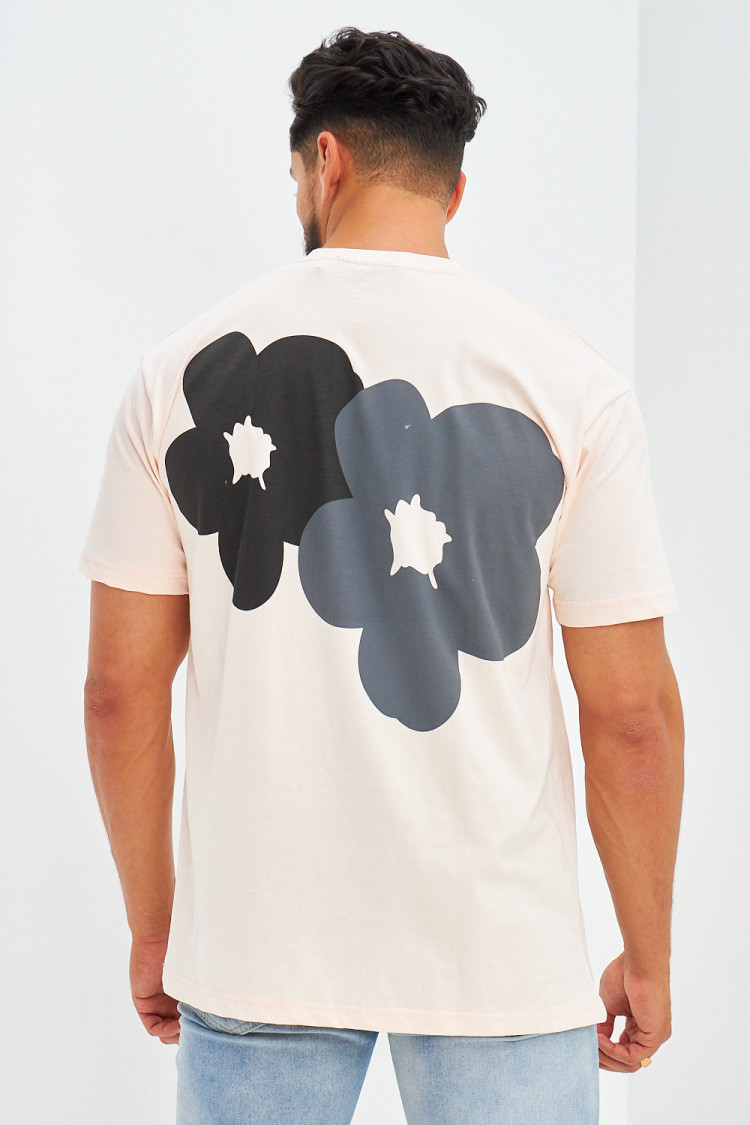T-shirt floqué fleurs avant et arrière rose poudré