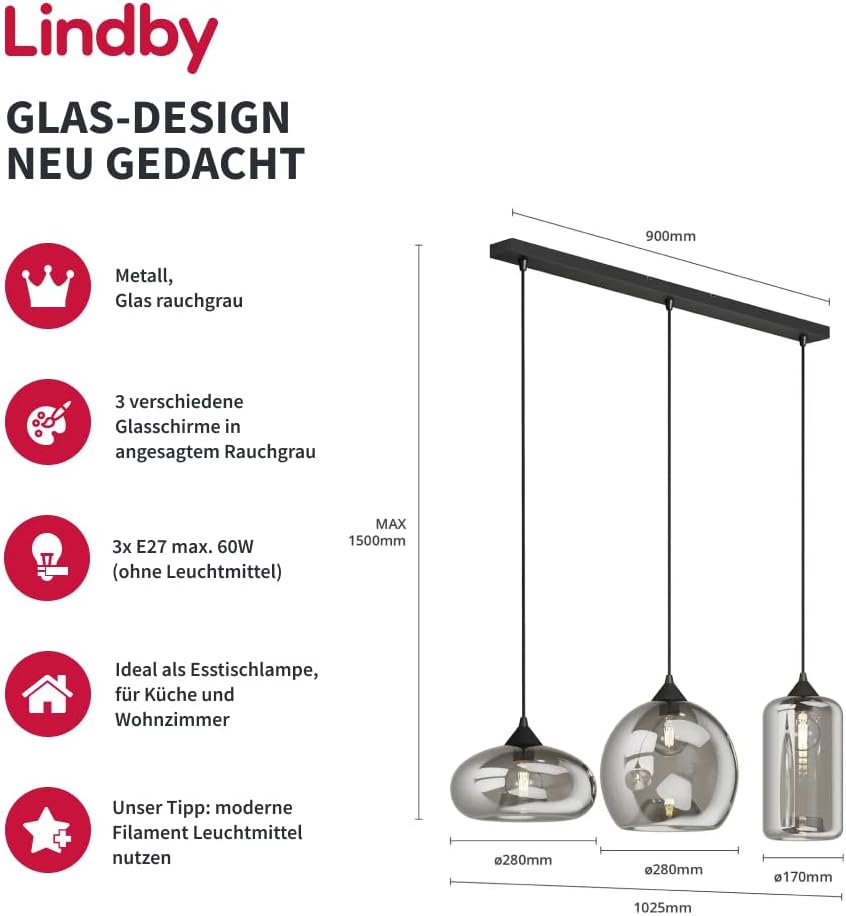 Lindby Esstisch Pendelleuchte Glas rauchgrau, Hängeleuchte Rauchglas Esszimmer 3x E27, ohne Leuchtmittel, Hängelampe Wohnzimmer, Esszimmerlampe