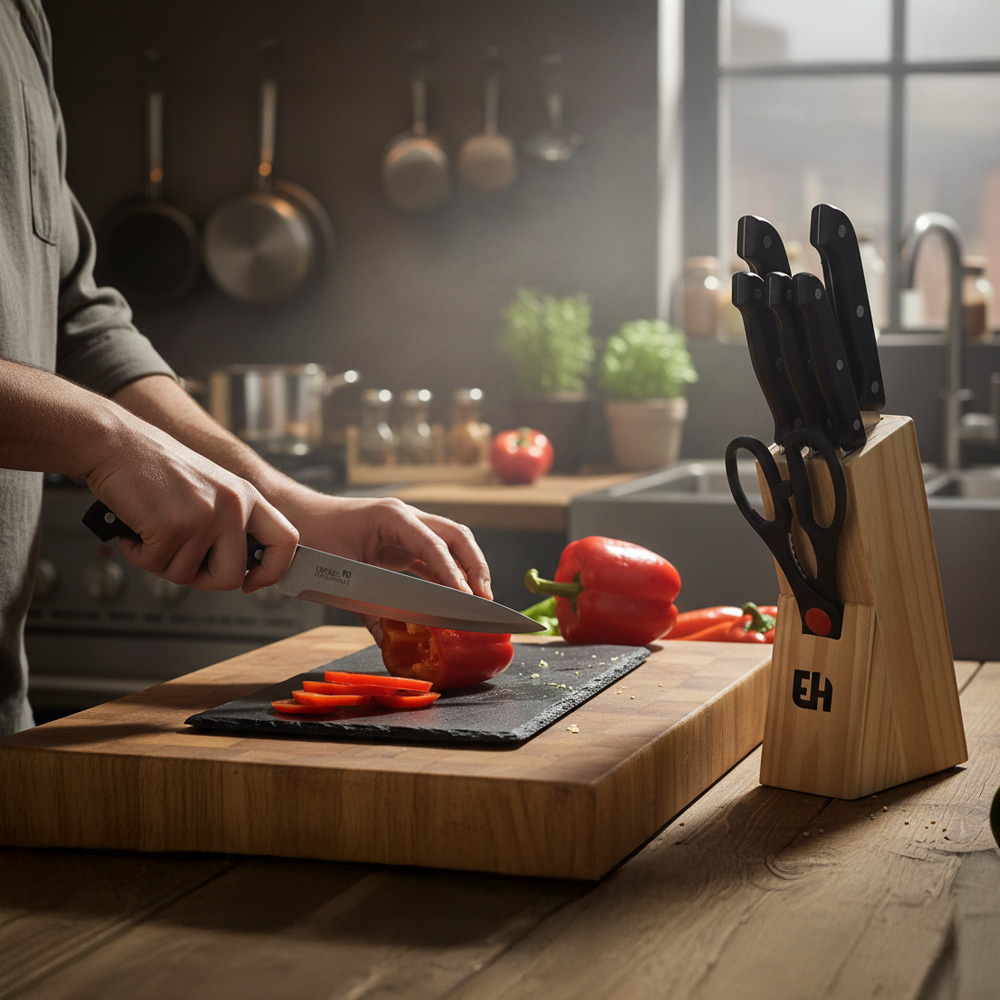 Set de 5 couteaux + ciseaux avec support en bois - 7 pièces