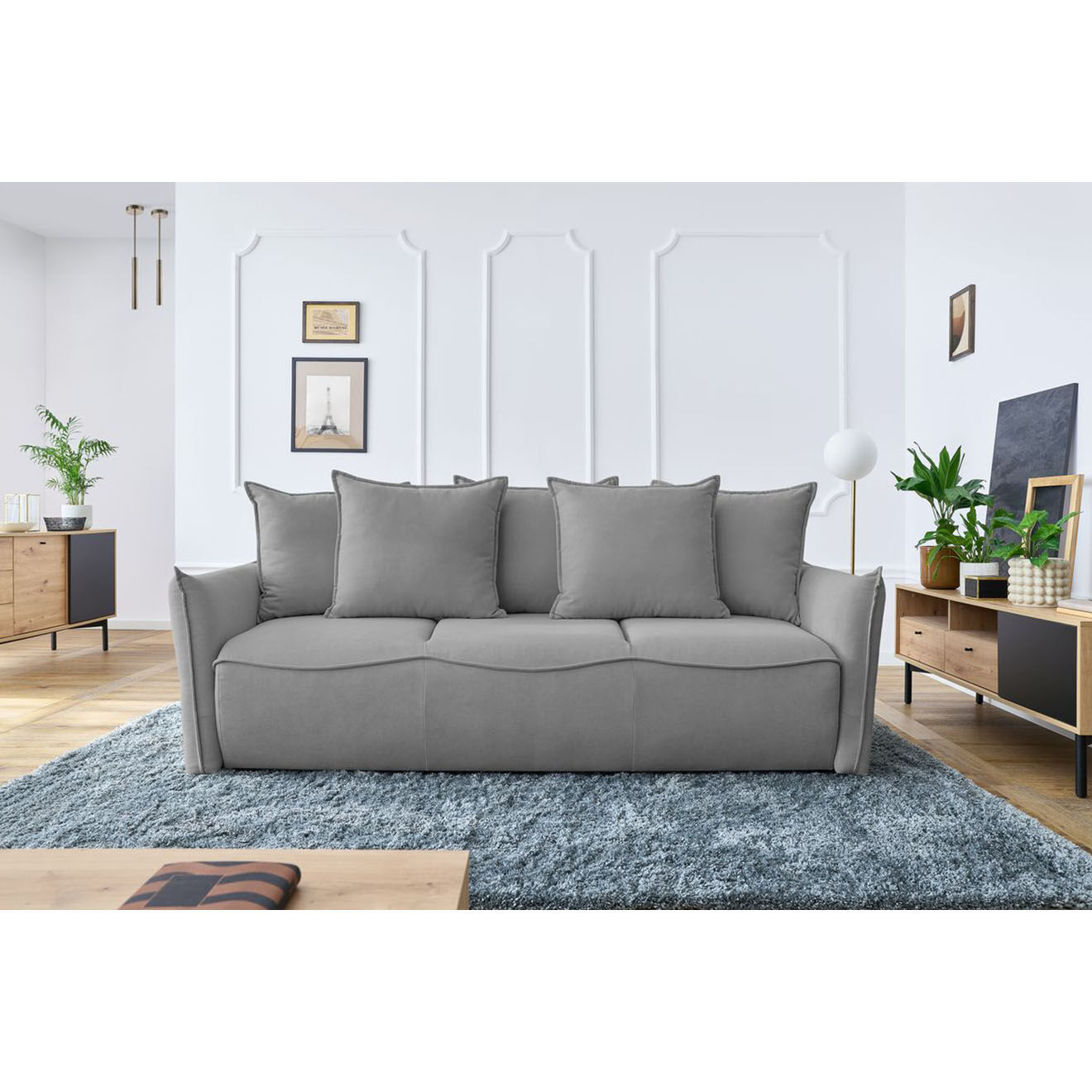 Bobochic Canapé 3 places convertible coffre Bouclette Leon gris clair - 226x97x90 cm