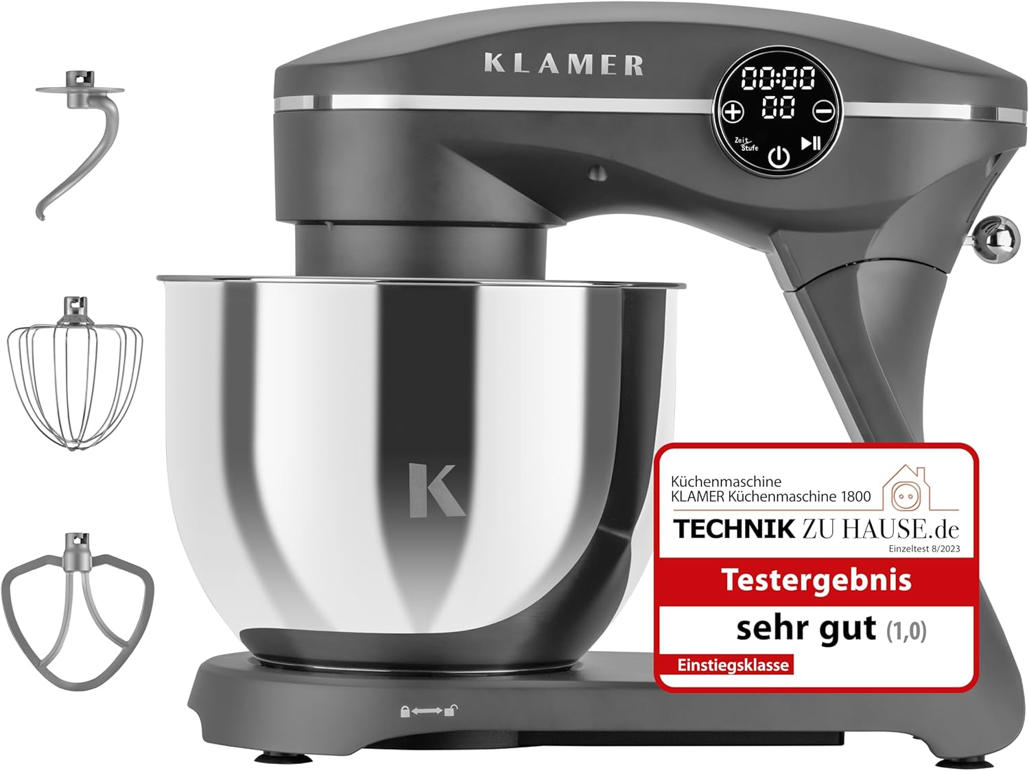 KLAMER Küchenmaschine 1800W, Knetmaschine Brotteig mit Edelstahl-Rührschüssel 6 L, 10 Stufen mit Timer, Planetenrührwerk, Rührbesen, Knethaken, Schneebesen & Sichtdeckel (grau)