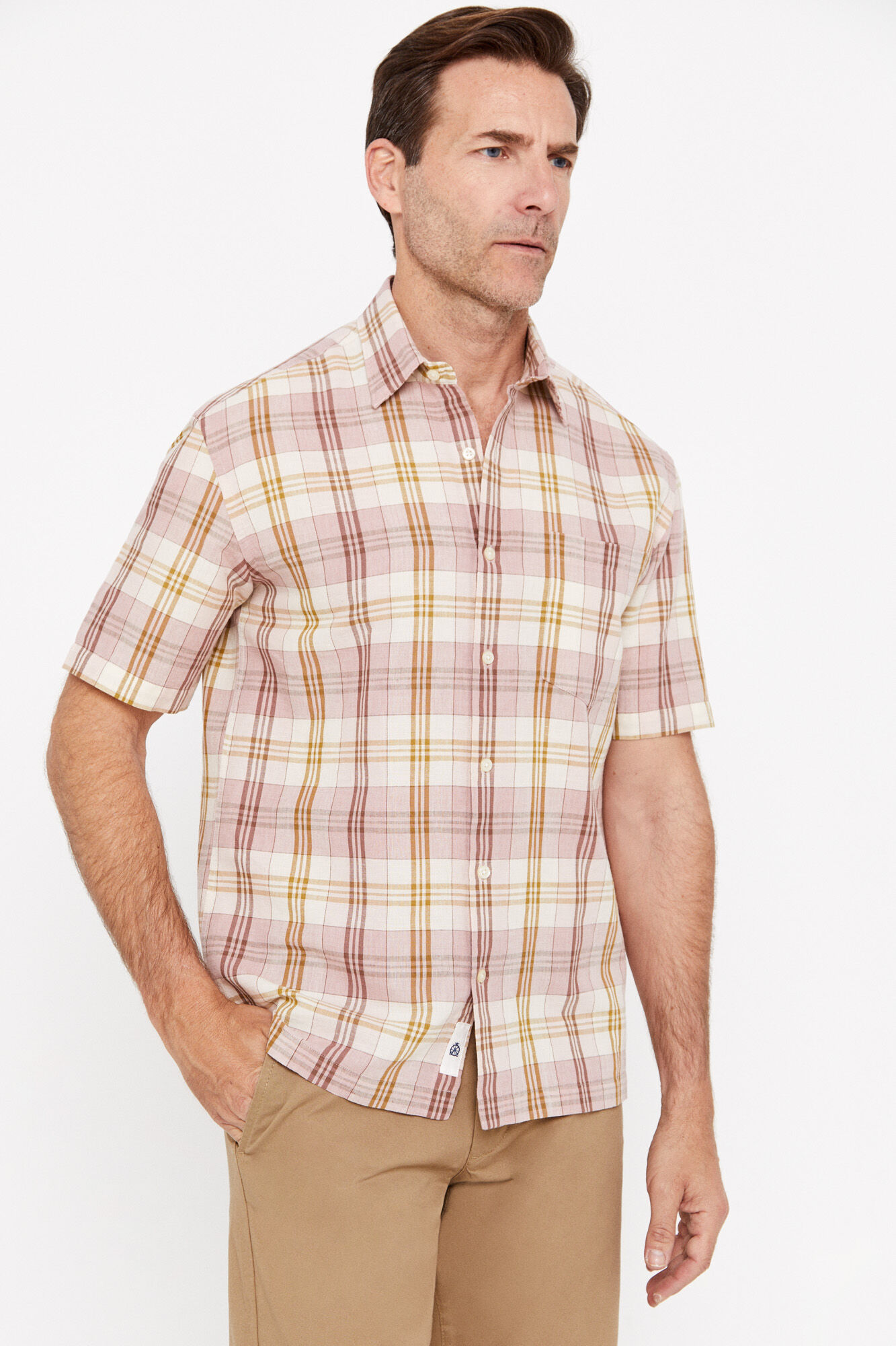 Camisa xadrez de linho e algodão de manga curta - Rosa