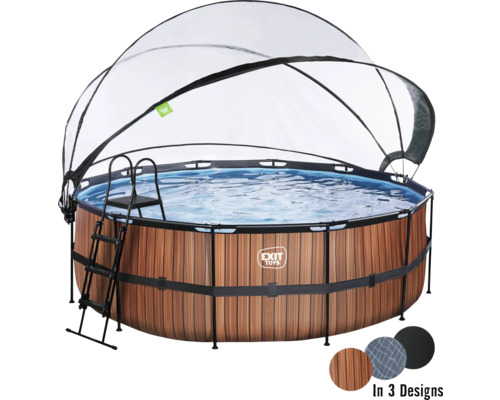 EXIT WoodPool ronde opzetzwembadset Ø 488x122 cm inclusief zandfiltersysteem, afdekking & ladder, houtlook