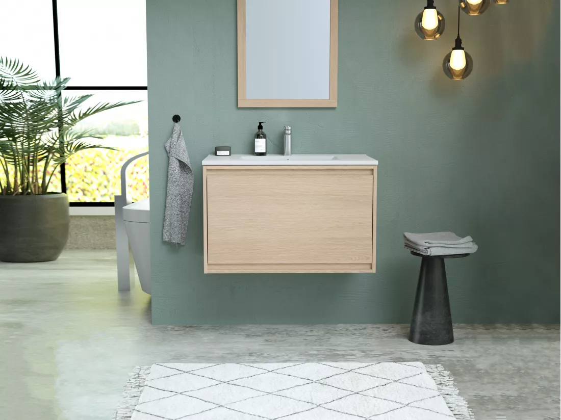 Meuble de salle de bain suspendu avec vasque à encastrer - Placage chêne - 80 cm - MESLIVA