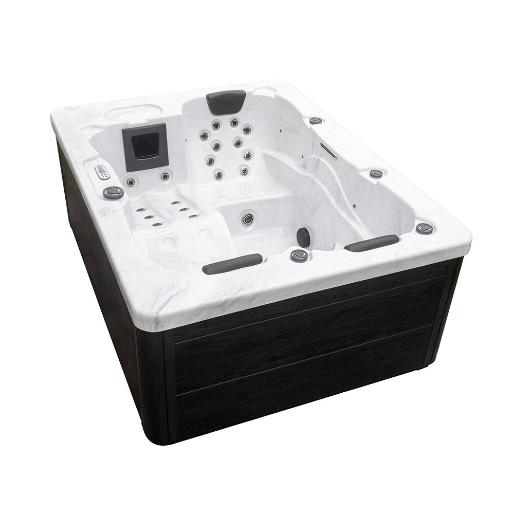 Home Deluxe - Buitenwhirlpool - Wit marmer met traptreden en thermische afdekking - Afmetingen 210 x 160 x 85 cm - Incl. verwarming, 27 massagestralen en 9 lampen | Buitenwhirlpool voor 3 personen