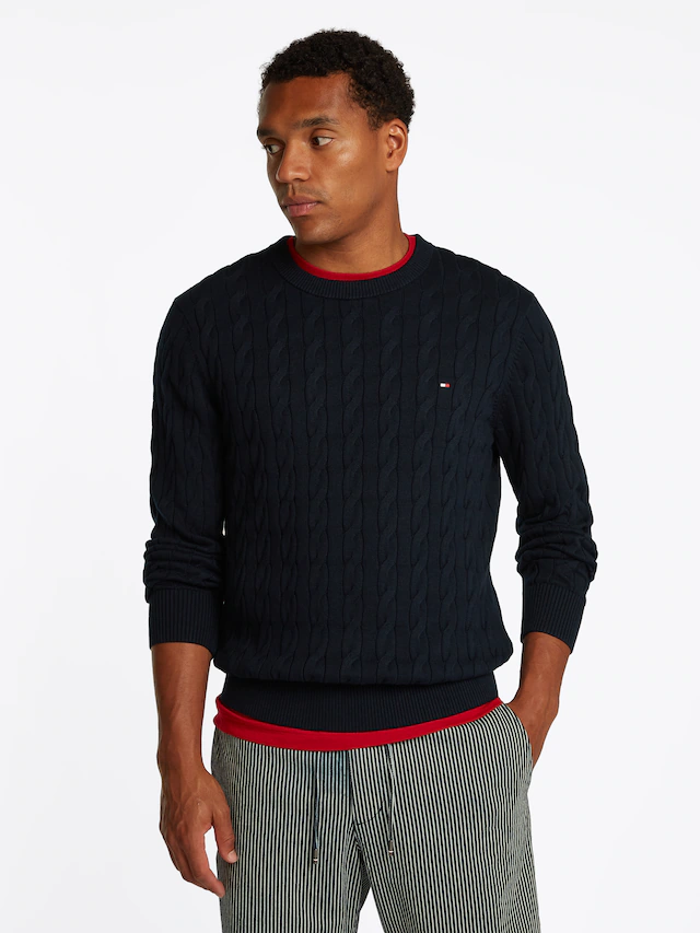 Tommy Hilfiger Strickpullover »CLASSIC CABLE CREW NECK mit Strukturstrick und Flaglabel«, unifarben, casual, regular fit, Baumwolle, Rundhals