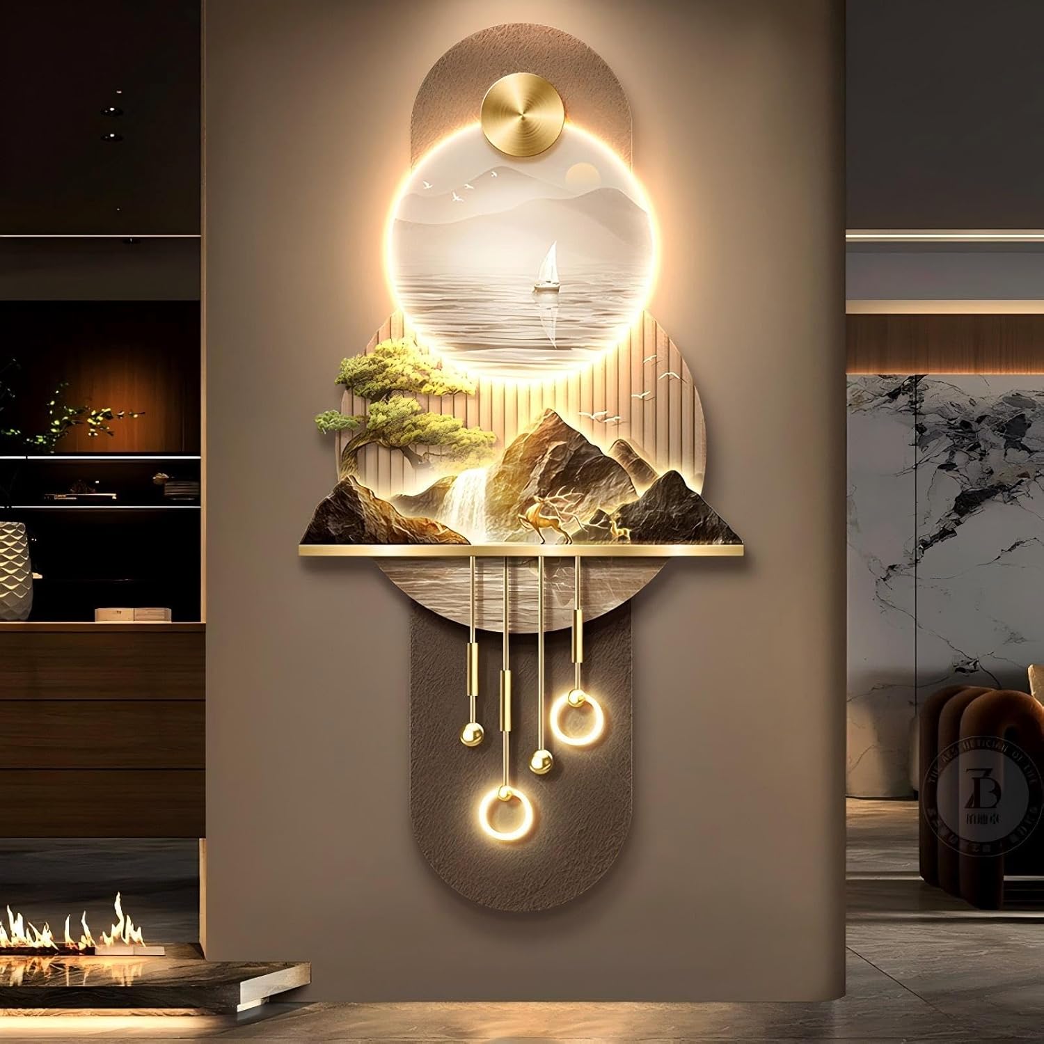 Feng-Shui-Wandkunst, 3D-Wanddekoration mit LED-Beleuchtung, Heimdekoration, große Skulptur, Kunstwerk für Wohnzimmer, Eingangsbereich, Flur