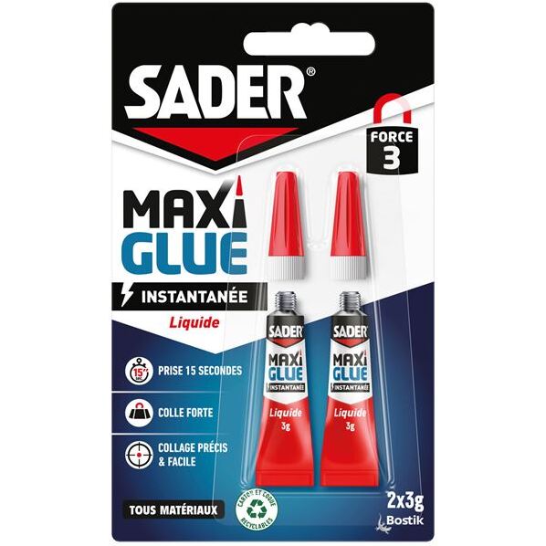Colle liquide Maxi Glue instantanée tous matériaux Sader - Lot de 2 tubes de 3 g