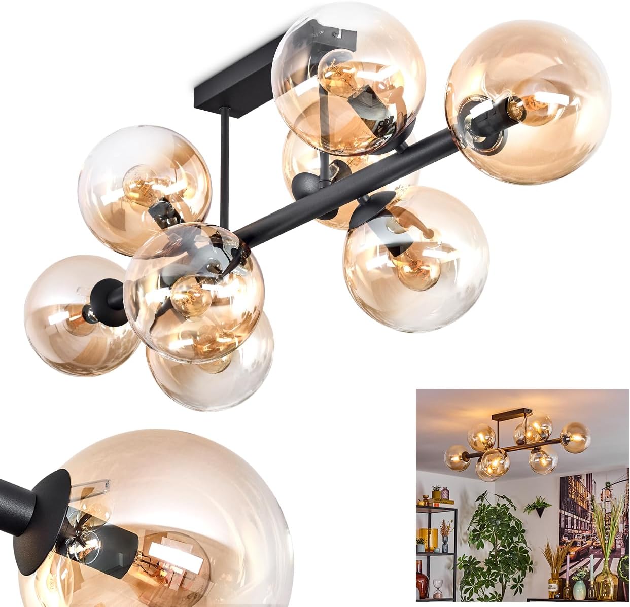 HOFSTEIN Deckenleuchte Gastor, 8-flammige Deckenlampe aus Metall/Glas in Schwarz/Bernstein/Klar, Leuchte im Retro/Vintage-Design (Schirme Ø 15 cm), E14, Esszimmer, Wohnzimmer, Schlafzimmer, Küche