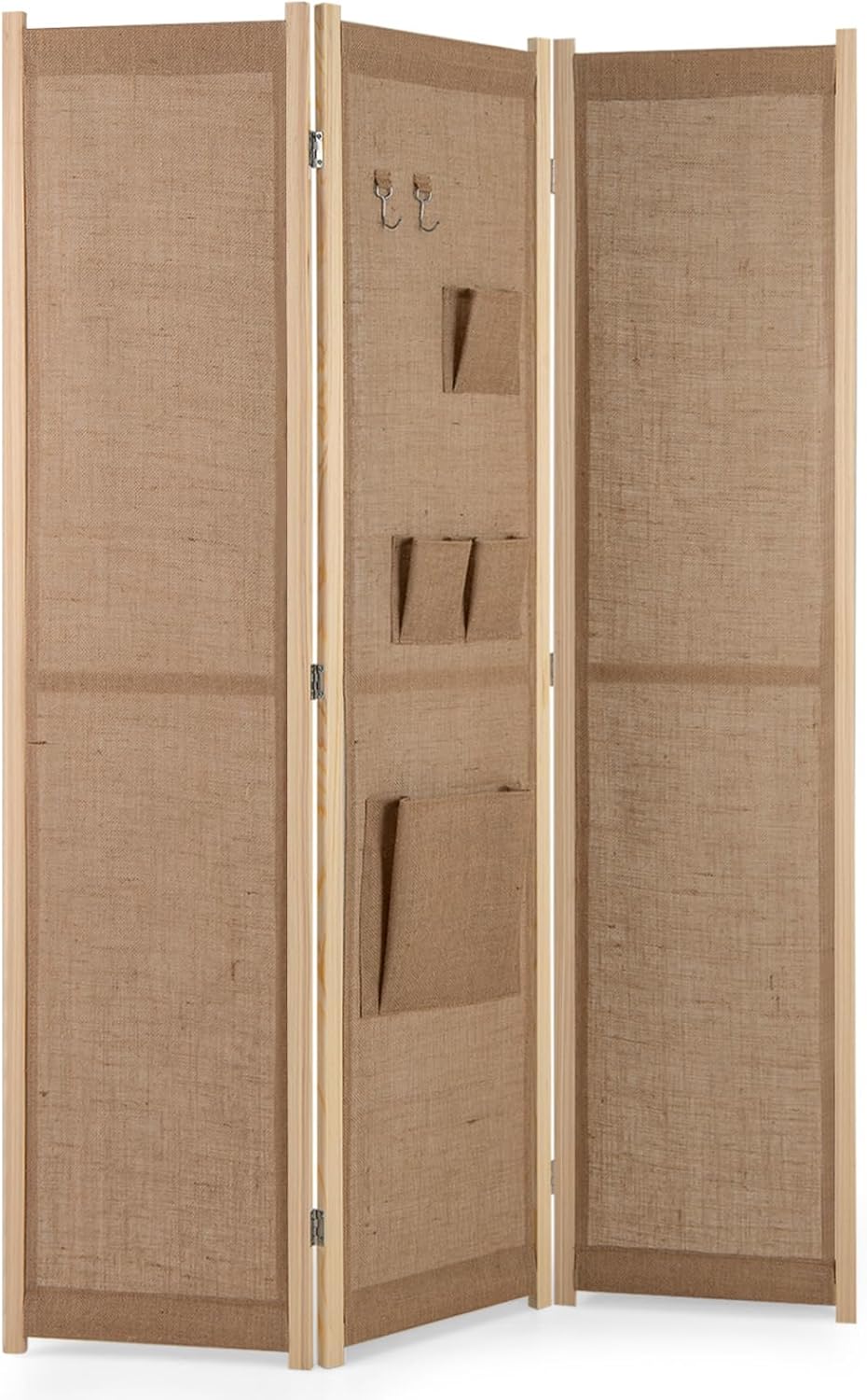 GOPLUS Raumteiler Paravent 4-teilig, 121x170 cm Trennwand mit Aufbewahrungstaschen & Haken, Raumtrenner Innen Sichtschutz faltbar für Wohnzimmer, Natur MS4518454