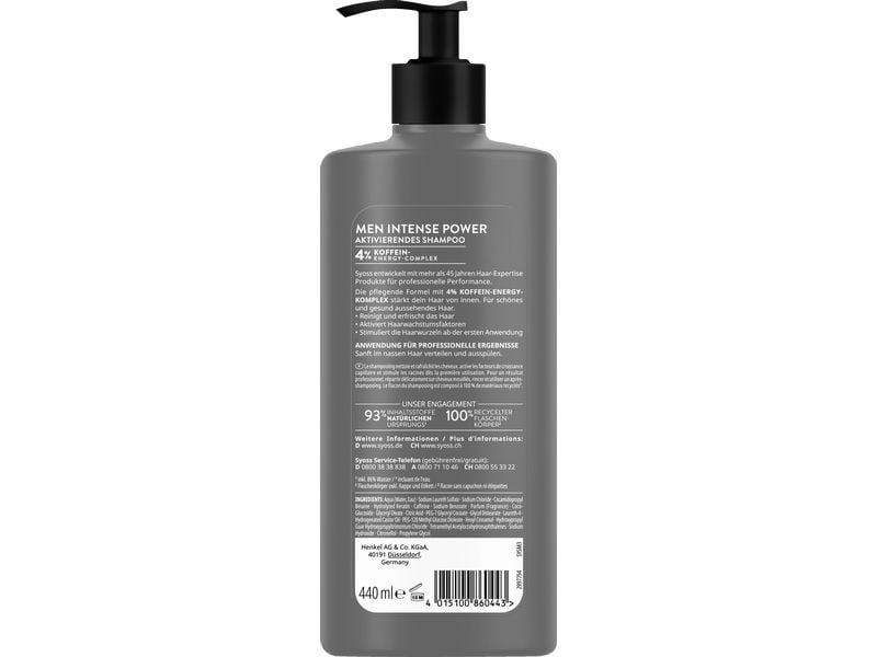 Syoss Shampoo Men Intense Power 440 ml Haarshampoo reinigt das Haar und aktiviert Haarwachstumsfaktoren