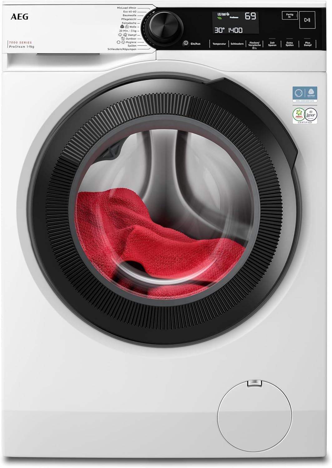 AEG Waschmaschine 9kg, Serie 7000 ProSteam - Dampf-Programm – Weniger Bügeln & Mehr Frische, A-20%, Leise, Mengenautomatik, Nachlegefunktion, Startzeitvorwahl, Vollwasserstopp, 1400 U/min, LR7AMZ491FL