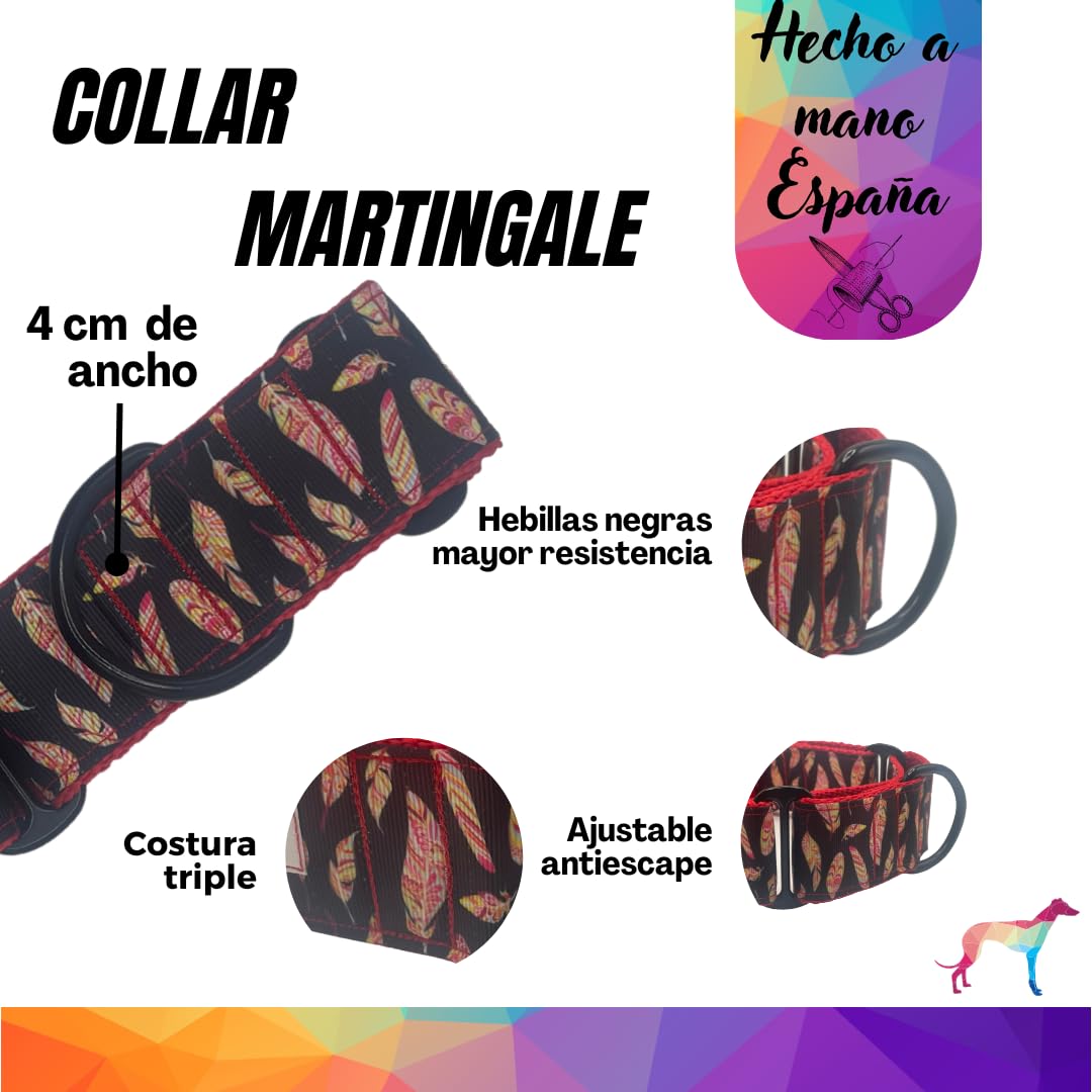 EGV - Coleira Martingale de 4 cm de largura, coleira para galgo feita à mão na Espanha (penas)