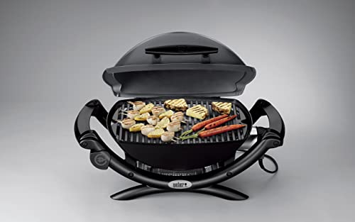 Weber Q1400 Barbecue électrique, surface de cuisson 43 x 32 cm, nomade, grille en fonte émaillée divisée en 2 parties, couvercle et cuve en fonte d’aluminium – Gris foncé (52020053)