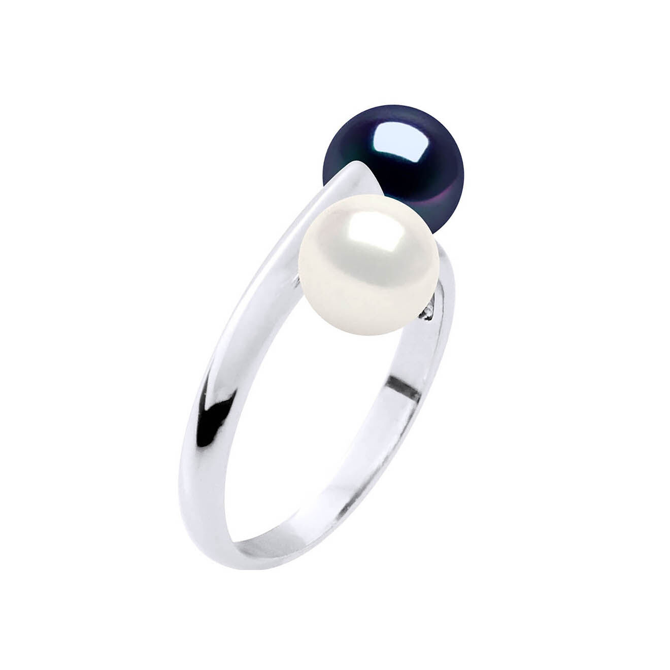 Mitzuko Bague Toi & Moi Argent Rhodié & 2 Perles de Culture d'Eau Douce Rondes blanc naturel/noir