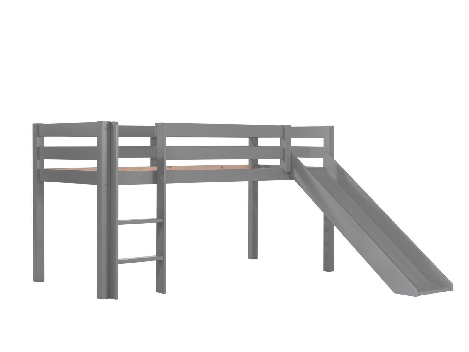 Hochbett PINO - grau - Kiefer massiv - mit Rutsche - 90x200 cm