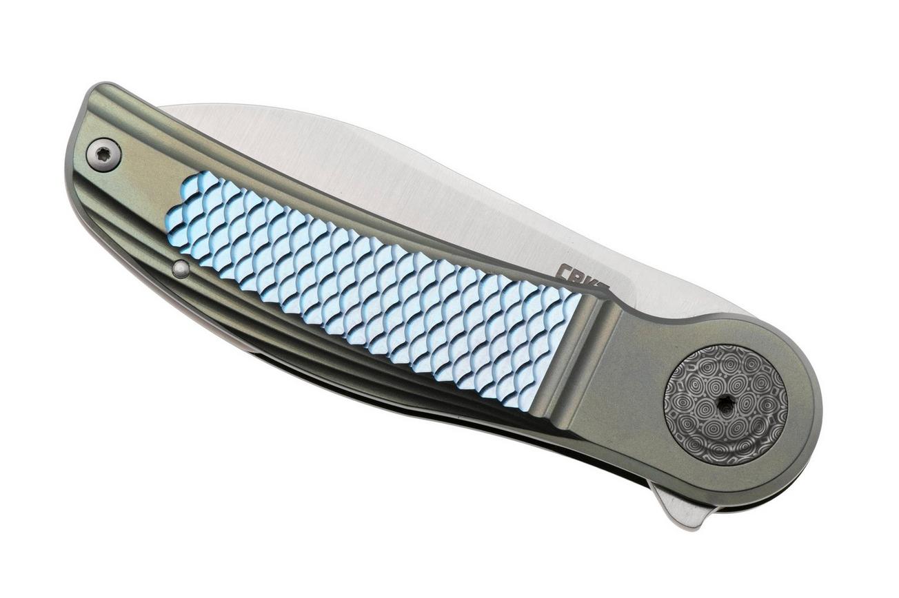 CRKT Monument 4000 Satin M390, Green Titanium Blue Textured Inlay, zakmes, Michael Walker design