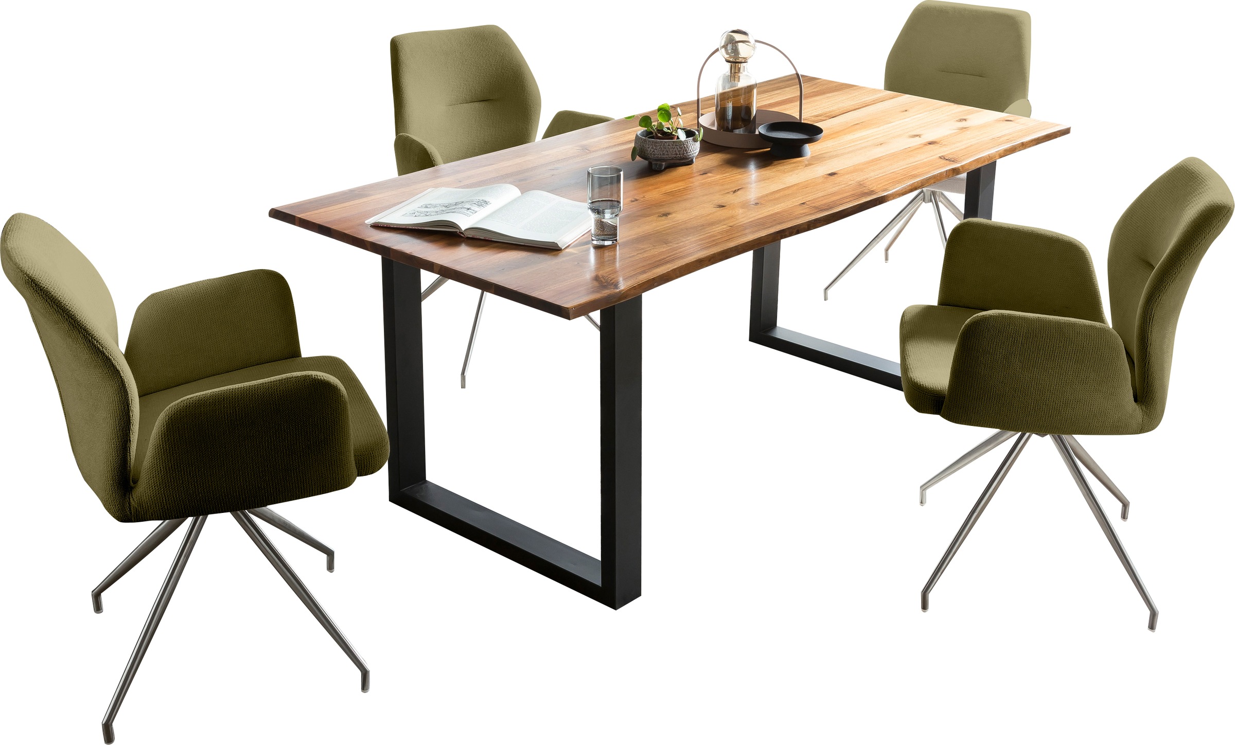 SalesFever Essgruppe »Tischgruppe für gemütliche Familienabende« Set, 5 Stk. tlg. Tischplatte mit echter Baumkante, Gestell aus rostfreiem Edelstahl