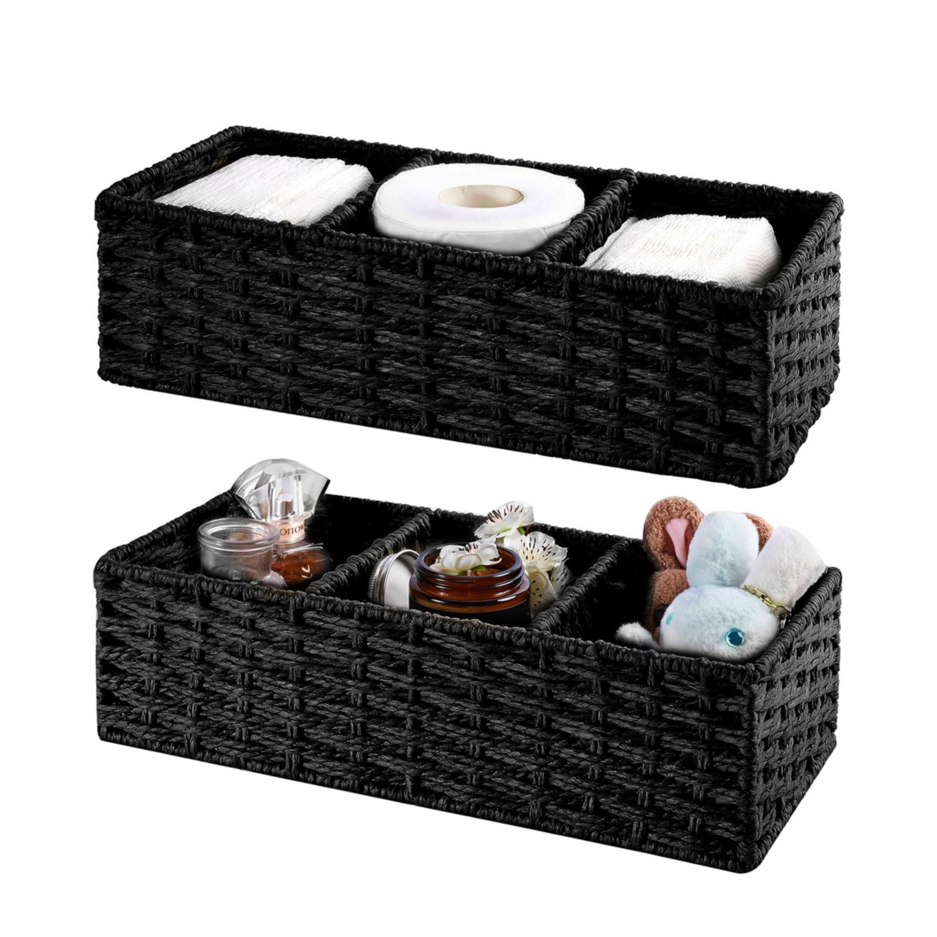 (36x15cm) Rattan Aufbewahrungs Korb Deko Organizer mit 3 Fächern für Badezimmer / Küche / Wohnzimmer - Schwarz
