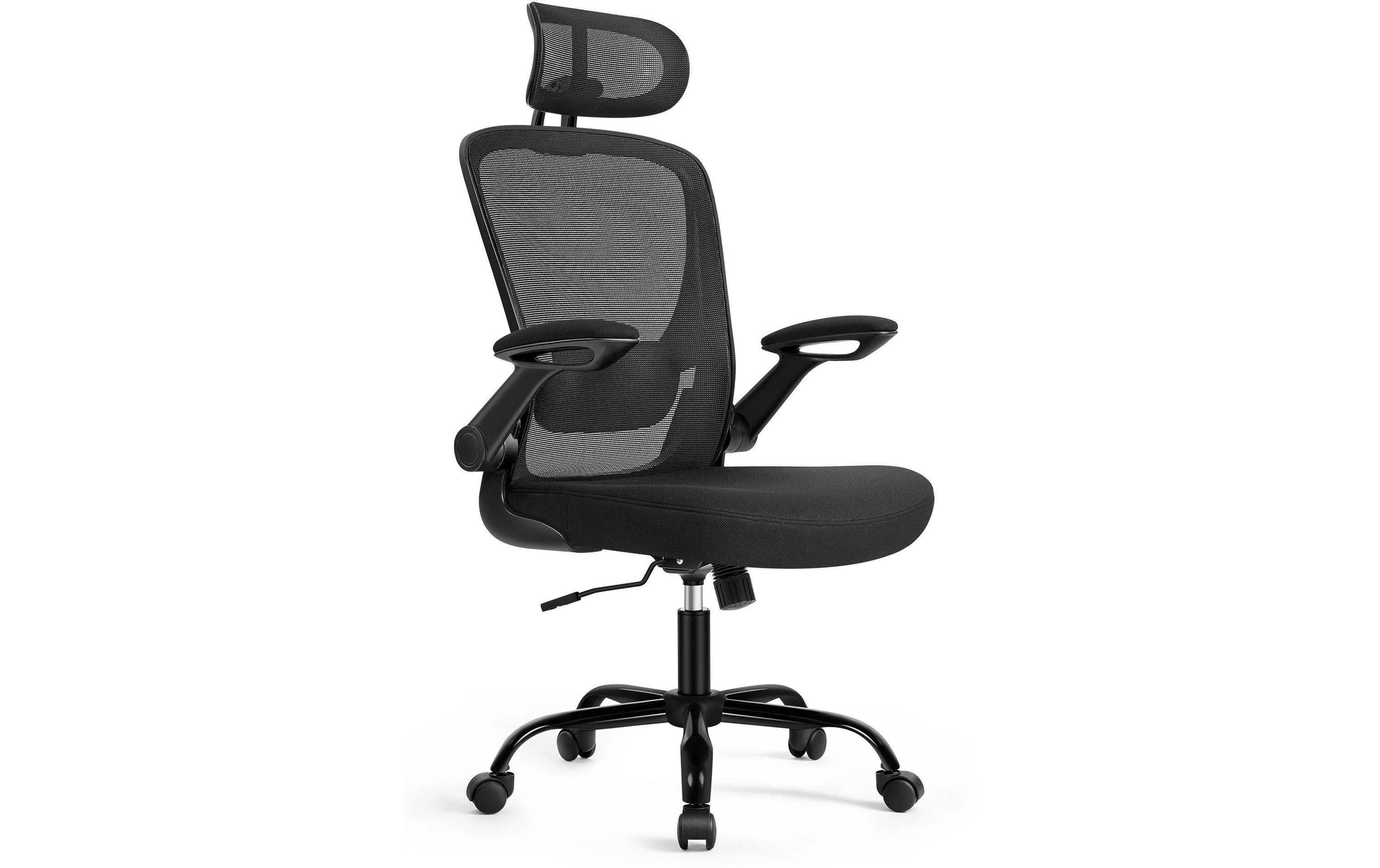 Bürostuhl mit klappbaren Armlehnen<br>Ergonomischer Schreibtischstuhl mit atmungsaktivem Netz, klappbaren Armlehnen, verstellbarer Lendenwirbelstütze und Kopfstütze