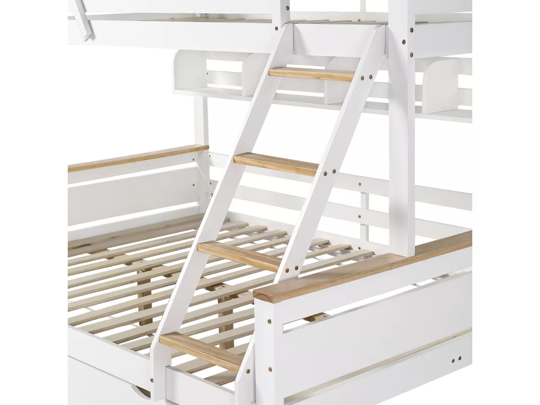 Lit superposé 90x200cm & 140x200cm - avec échelle、étagères et 2 tiroirs - en bois de pin et MDF - Blanc