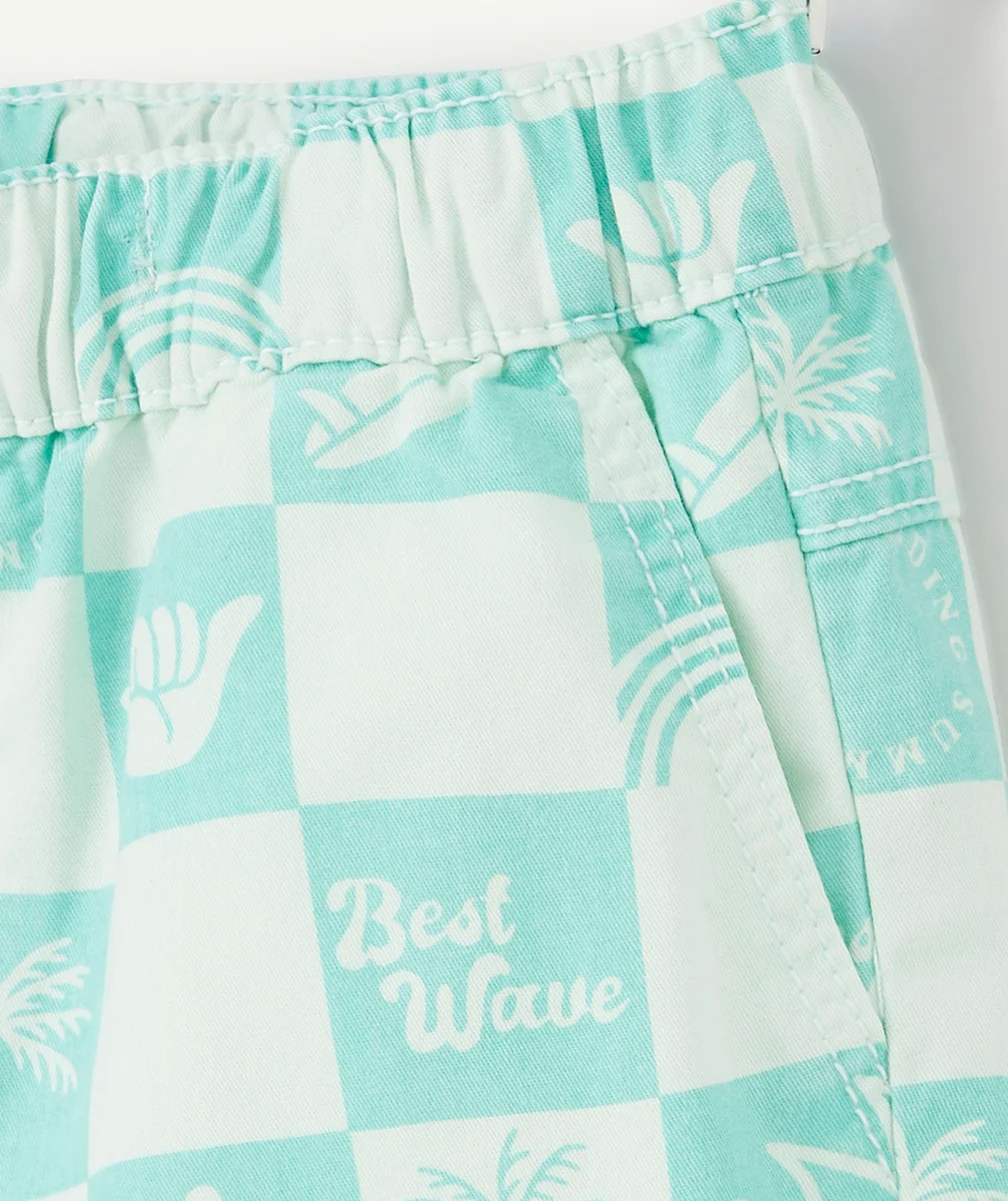 BERMUDA DROIT GARÇON VERT MENTHE IMPRIMÉ DAMIER EN FIBRES RECYCLÉES