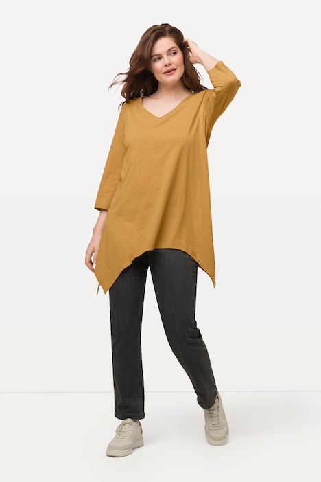 Shirt, Zipfelsaum, V-Ausschnitt, 3/4-Arm, Biobaumwolle