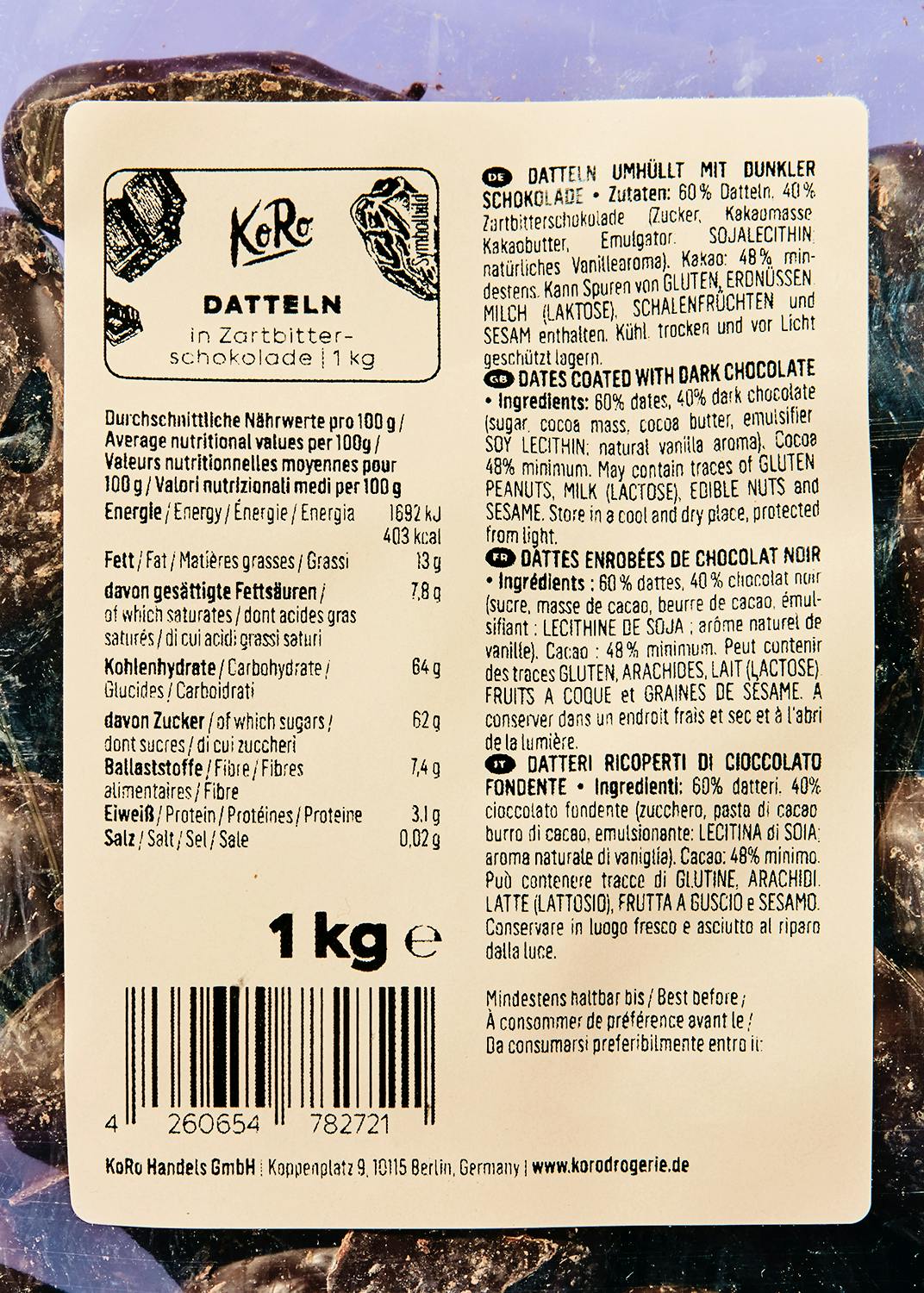 Datteln in Zartbitterschokolade 1 kg