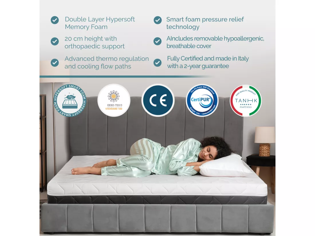 TANHK Matelas double couche à mémoire de forme 180x200, 20cm, Moelleux, Hypoallergénique, Housse amovible, Fabriquée en Italie