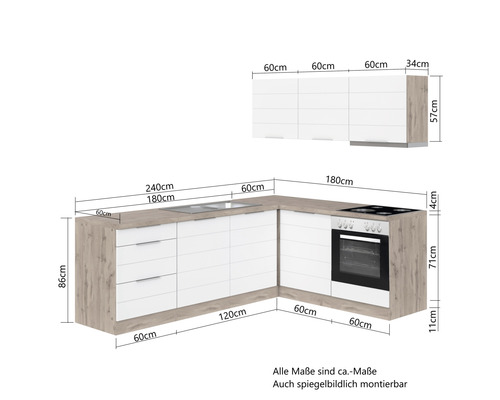 Held Furniture hoekkeuken zonder apparatuur Florence 240 cm wit mat gedemonteerd omkeerbaar model 1112.6291